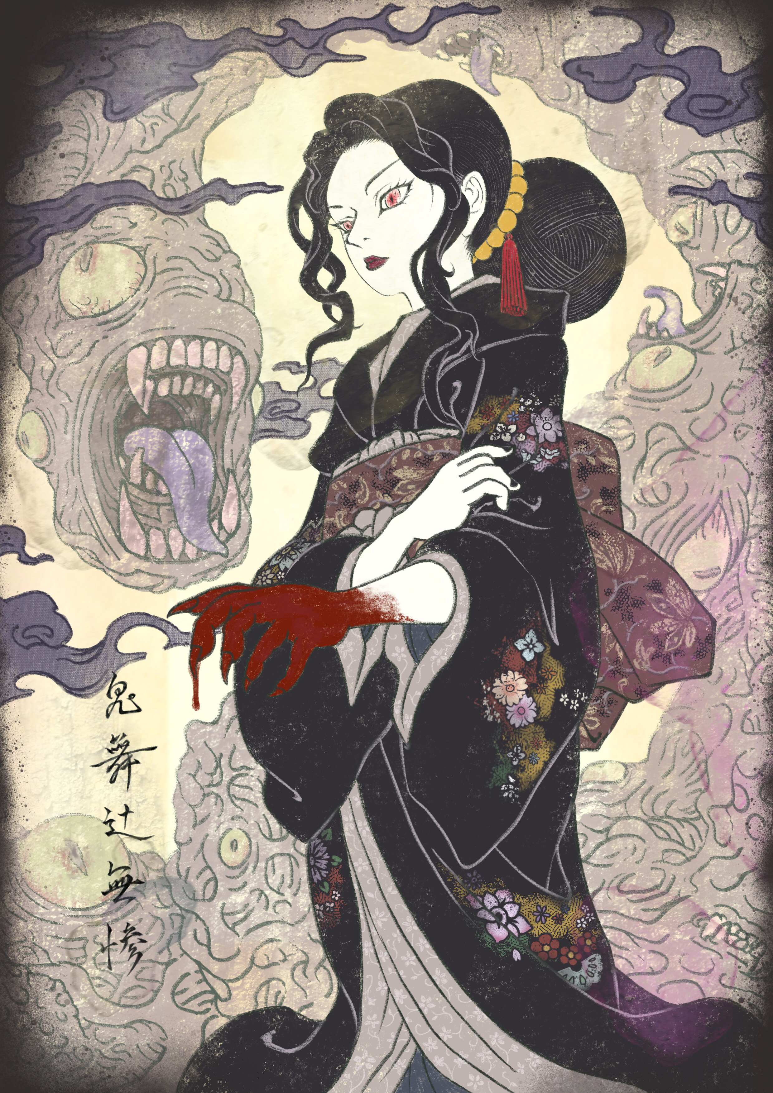 1girl absurdres black_hair blood demon_boy demon_girl fine_art_parody genderswap genderswap_(mtf) highres japanese_clothes kibutsuji_muzan kibutsuji_muzan_(female) kimetsu_no_yaiba kimono nihonga parody ukiyo-e zuberubar