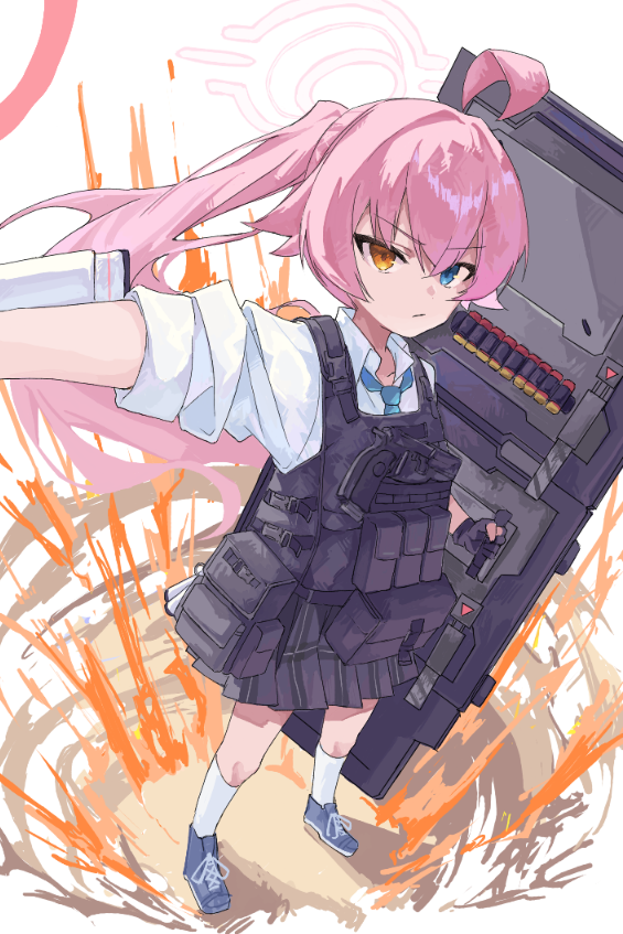 1girl ahoge ballistic_shield beretta_1301 beretta_92 black_gloves black_skirt blue_archive blue_eyes blue_shoes bulletproof_vest closed_mouth collared_shirt commentary_request dual_wielding fingerless_gloves floating_hair gloves gun hair_between_eyes halo handgun heterochromia holding holding_gun holding_shield holding_weapon holster holstered hoshino_(armed)_(blue_archive) hoshino_(blue_archive) kneehighs long_hair looking_at_viewer orange_eyes pink_hair pink_halo plaid_clothes plaid_skirt pleated_skirt ponytail school_uniform shield shimeji_take shirt shoes shotgun shotgun_shell skirt socks solo standing tactical_school_uniform very_long_hair weapon white_background white_shirt white_socks
