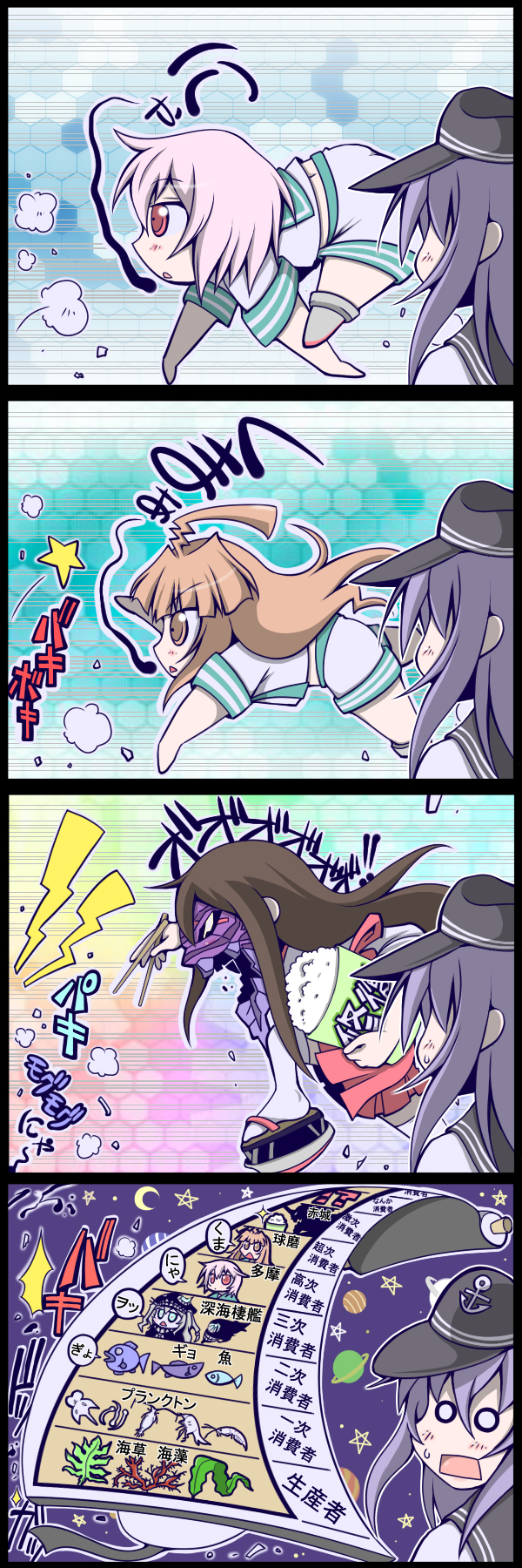 !? 10s 4koma 5girls abyssal_ship ahoge akagi_(kancolle) akatsuki_(kancolle) all_fours blue_eyes bowl brown_eyes brown_hair bucket chopsticks comic coral dashio eva_01 fish hat highres i-class_destroyer japanese_clothes kantai_collection kuma_(kancolle) monster multiple_girls neon_genesis_evangelion o_o open_mouth orange_hair plankton purple_hair red_eyes rice rice_bowl sandals scroll seaweed silver_hair sparkle star_(symbol) sweatdrop tama_(kancolle) tentacles thighhighs translated triangle_mouth wo-class_aircraft_carrier