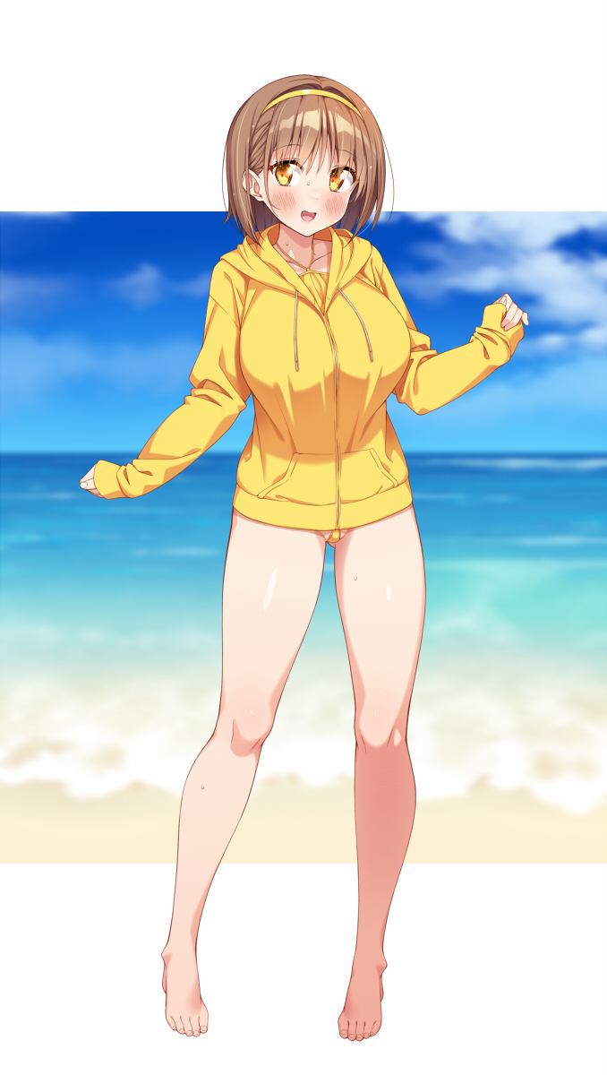 1girl beach blue_sky blurry blurry_background blush breasts brown_hair cloud commentary_request day full_body hairband highres hotaka_mai jacket kazuma_(kazumav) large_breasts letterboxed long_sleeves ocean open_mouth original outdoors short_hair sky smile solo standing swimsuit swimsuit_under_clothes teeth toes upper_teeth_only yellow_eyes yellow_jacket
