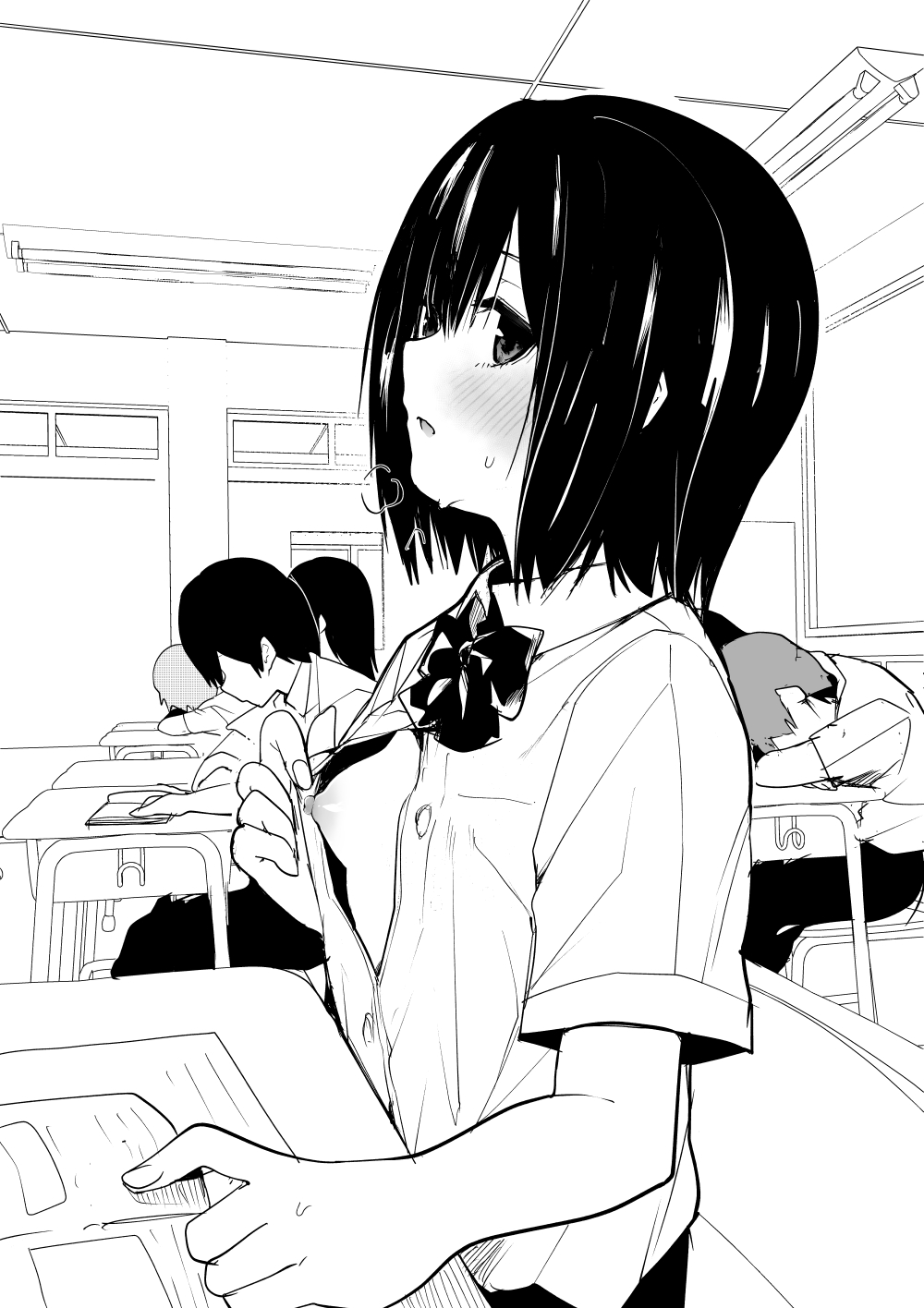 2girls 3boys blush bow bowtie breasts breath buttons classroom collared_shirt desk faceless faceless_male flashing from_side greyscale highres monochrome multiple_boys multiple_girls nipples no_bra oppai_challenge original partially_unbuttoned public_indecency sawada_kou school_desk school_uniform shirt short_sleeves sideways_glance small_breasts sweat