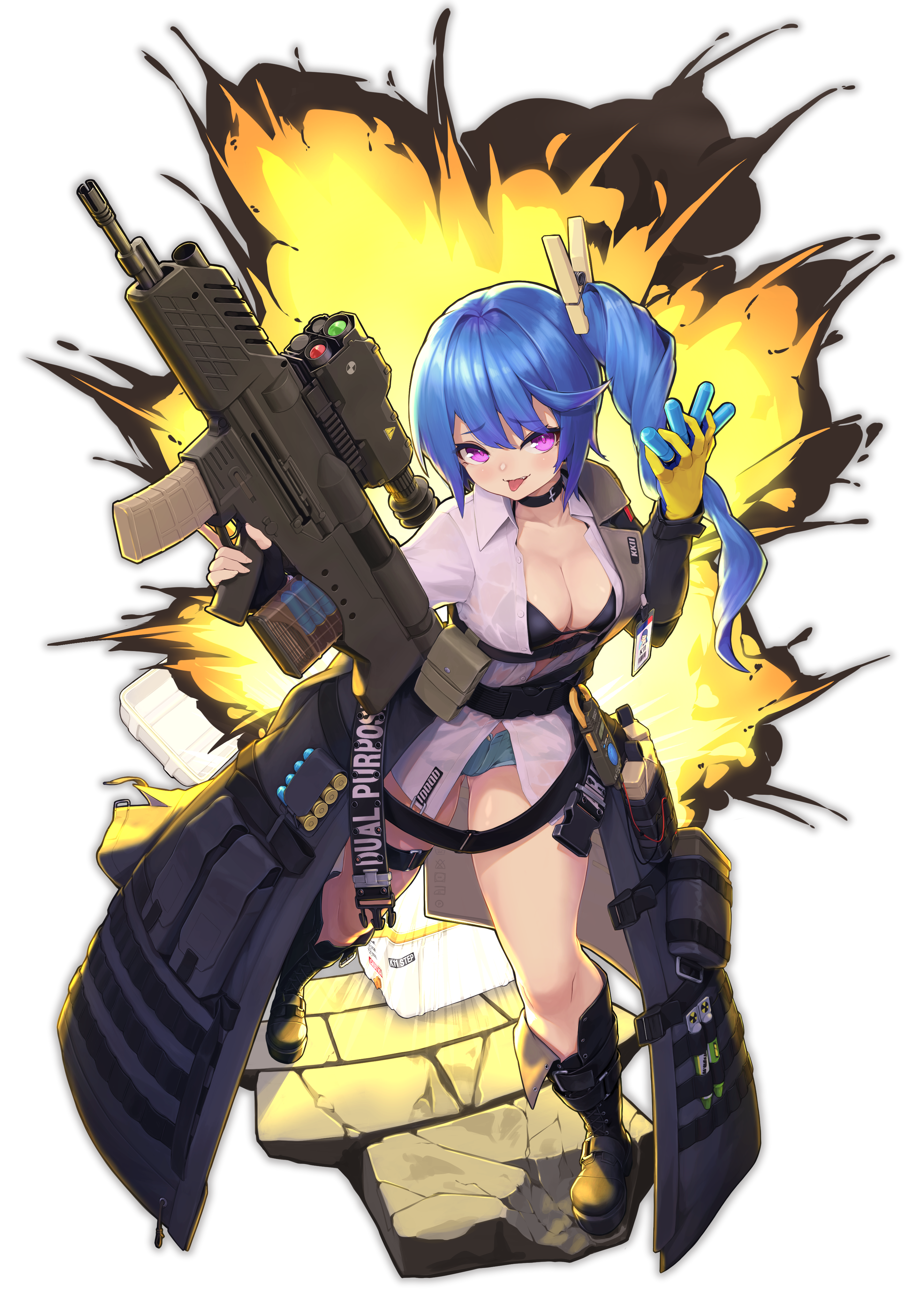 1girl 20x30mm_lv 20x30mm_lv_p_k168 absurdres airburst_grenade_launcher ammunition assault_rifle bandaid belt belt_boots bikini bikini_under_clothes black_bikini black_boots black_choker black_gloves blouse blue_hair blue_shorts bolt-action_grenade_launcher bolt_action boot_straps boots breasts buckle bullpup burst_fire_gun burst_fire_rifle cable cannon_cartridge carbine choker clothes_pin clothes_writing coat commentary computerized_scope cooler daewoo_k11 earrings explosion explosive fingerless_gloves full_body girls'_frontline gloves grenade grenade_cartridge grenade_launcher grey_coat gun hair_between_eyes hazard_symbol head_tilt highres holding holding_gun holding_weapon id_card jewelry k11_(girls'_frontline) knee_boots lace-up_boots leather_choker long_coat long_hair long_shirt long_sleeves mari0ball medium_breasts messy_hair multi-weapon multimeter multiple-barrel_gun multiple_straps name_tag off_shoulder open_clothes open_coat open_fly open_shirt parted_lips pouch practice_round precision-guided_firearm purple_eyes radiation_symbol rifle scope see-through_clothes shells shirt short-barreled_rifle short_shorts shorts side_ponytail sidelocks sight_(weapon) single_earring single_fingerless_glove smart_grenade smart_scope solo standing subsonic_ammunition swimsuit telescopic_sight thermal_weapon_sight thigh_strap thighs tongue tongue_out transparent_background trench_coat underbarrel_assault_rifle underbarrel_rifle weapon white_background white_shirt