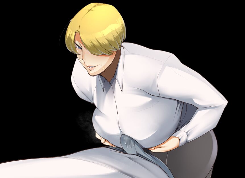 1girl bent_over blonde_hair blue_eyes breasts bulge breasts cum cum_in_clothes cum_on_body cum_on_breasts cum_on_upper_body curvy erection erection_under_clothes female_focus grabbing_own_breast hands_on_own_chest huge_breasts karasumiya king_(snk) large_breasts paizuri paizuri_over_clothes paizuri_under_clothes pale_skin shirt short_hair the_king_of_fighters thick_thighs thighs titjob_under_clothes white_shirt wide_hips