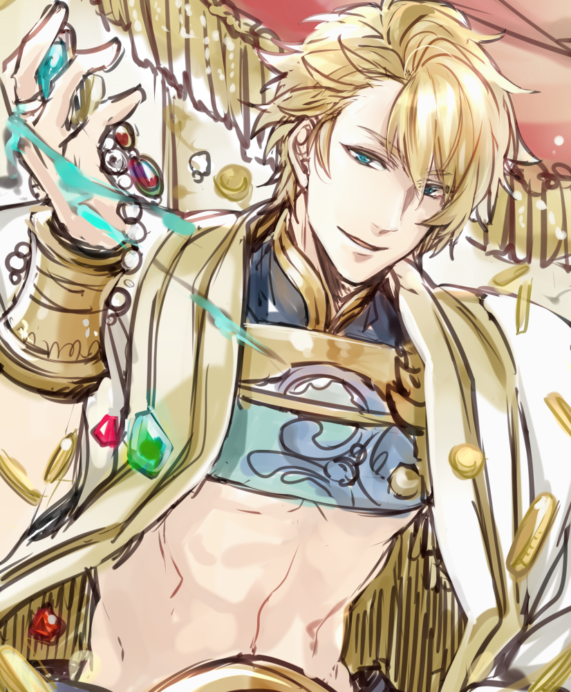 1boy abs aladdin_(sinoalice) arabian_clothes armor bad_id bad_pixiv_id bare_pectorals blonde_hair blue_eyes breastplate bridal_gauntlets cape coin gem gold gold_trim happy jewelry kasai_iori looking_at_viewer male_focus open_mouth parted_lips pectorals short_hair sinoalice sketch solo
