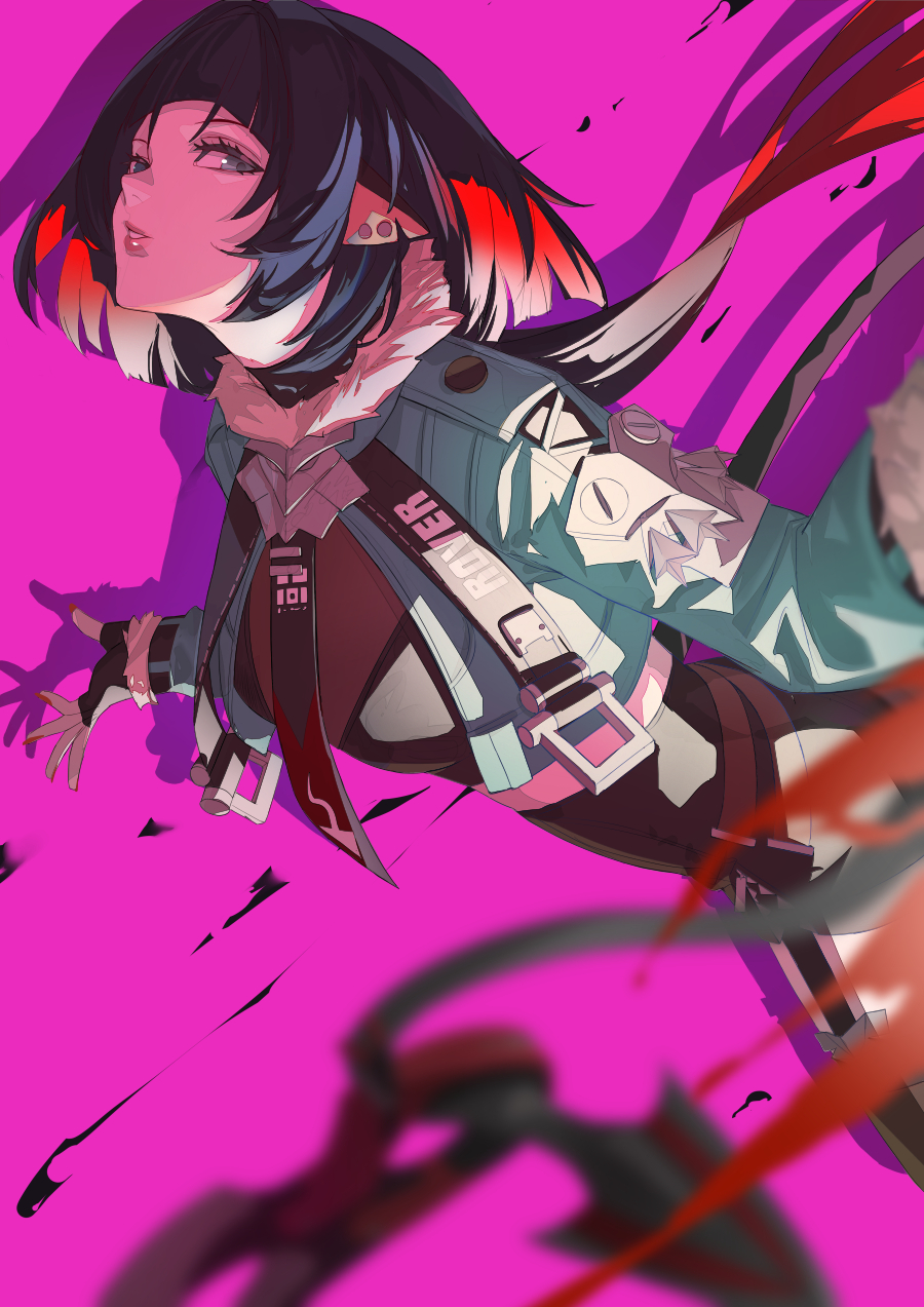 1girl animal_ears black_hair black_shorts blazpu breasts colored_inner_hair fur-trimmed_jacket fur_trim grey_eyes high-waist_shorts highres jacket jane_doe_(zenless_zone_zero) large_breasts long_hair long_sleeves looking_at_viewer mouse_ears mouse_girl mouse_tail multicolored_hair red_hair shorts solo tail zenless_zone_zero