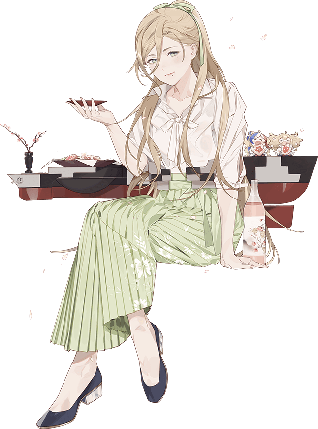 1girl akira_(kadokawa) blonde_hair blue_eyes character_doll cherry_blossoms collarbone commandant_teste_(kancolle) commentary cup english_commentary full_body gambier_bay_(kancolle) green_skirt high_heels hinamatsuri holding holding_cup kantai_collection light_smile lips long_hair mole mole_under_eye mole_under_mouth official_alternate_costume official_art petals pleated_skirt ponytail richelieu_(hinamatsuri)_(kancolle) richelieu_(kancolle) richelieu_deux_(kancolle) sakazuki shirt skirt solo transparent_background white_shirt