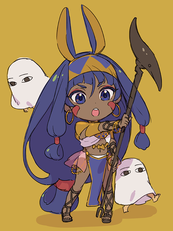 1girl :o ancient_egyptian_clothes animal_ears chibi dark-skinned_female dark_skin earrings facial_mark fake_animal_ears fate/grand_order fate_(series) gladiator_sandals hairband holding holding_staff holding_weapon hoop_earrings isshoku_(shiki) jackal_ears jewelry long_hair looking_at_viewer low-tied_long_hair medjed_(fate) mini_person nitocris_(fate) pelvic_curtain purple_eyes sandals simple_background staff teeth upper_teeth_only weapon yellow_background yellow_hairband