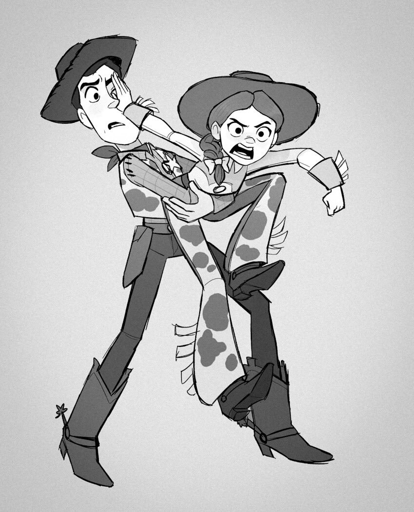 1boy 1girl angry animal_print bandana bandana_around_neck belt beth_turnsek boots buttons chaps collared_shirt commentary cow_print cowboy_boots denim english_commentary full_body furrowed_brow grey_background greyscale hat jeans jessie_the_yodeling_cowgirl long_hair long_sleeves looking_at_another monochrome open_mouth pants parted_bangs print_chaps sheriff_woody shirt short_hair simple_background sketch spurs standing toy_story vest yoke_(clothing)