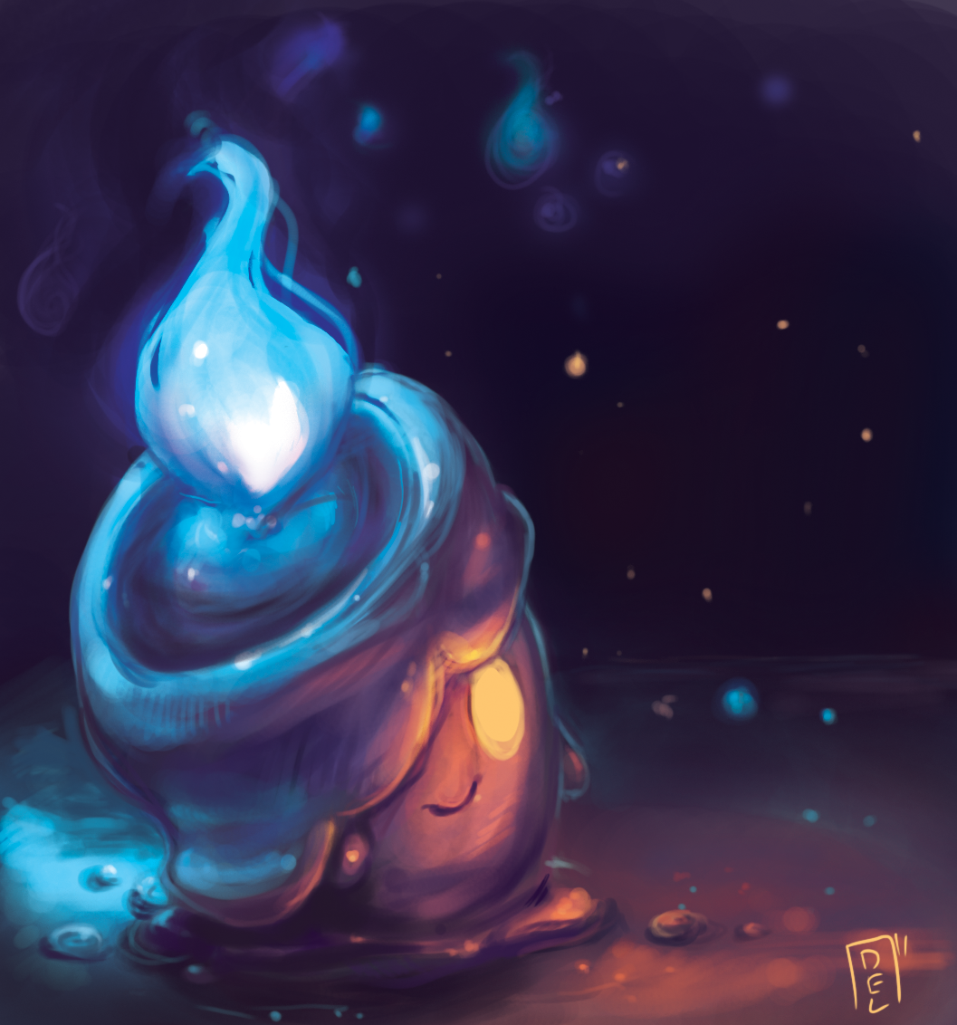 blue_fire closed_mouth commentary creature dark delano-laramie english_commentary fire full_body gen_5_pokemon litwick nintendo no_humans pokemon pokemon_(creature) pokemon_focus signature smile solo standing yellow_eyes