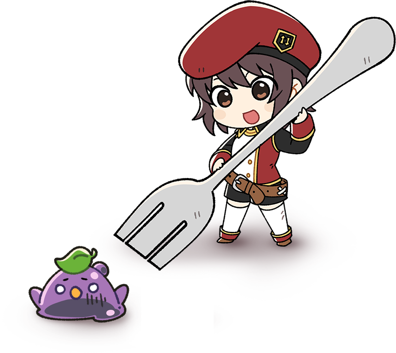 1girl :d artist_request belt belt_buckle beret black_shorts black_sleeves brown_belt brown_eyes brown_hair brown_shoes buckle buttons chibi chibi_only emblem flat_color gold_buttons hat holding holding_spork ispin_charles jacket jellyppi leaf legs_apart loose_belt medium_hair multicolored_jacket nexon no_nose official_art open_mouth oversized_object red_hat red_jacket second-party_source shoes shorts sidelighting sleeve_cuffs slime_(creature) smile spork standing tales_weaver thighhighs two-tone_jacket white_eyes white_jacket white_thighhighs wing_collar