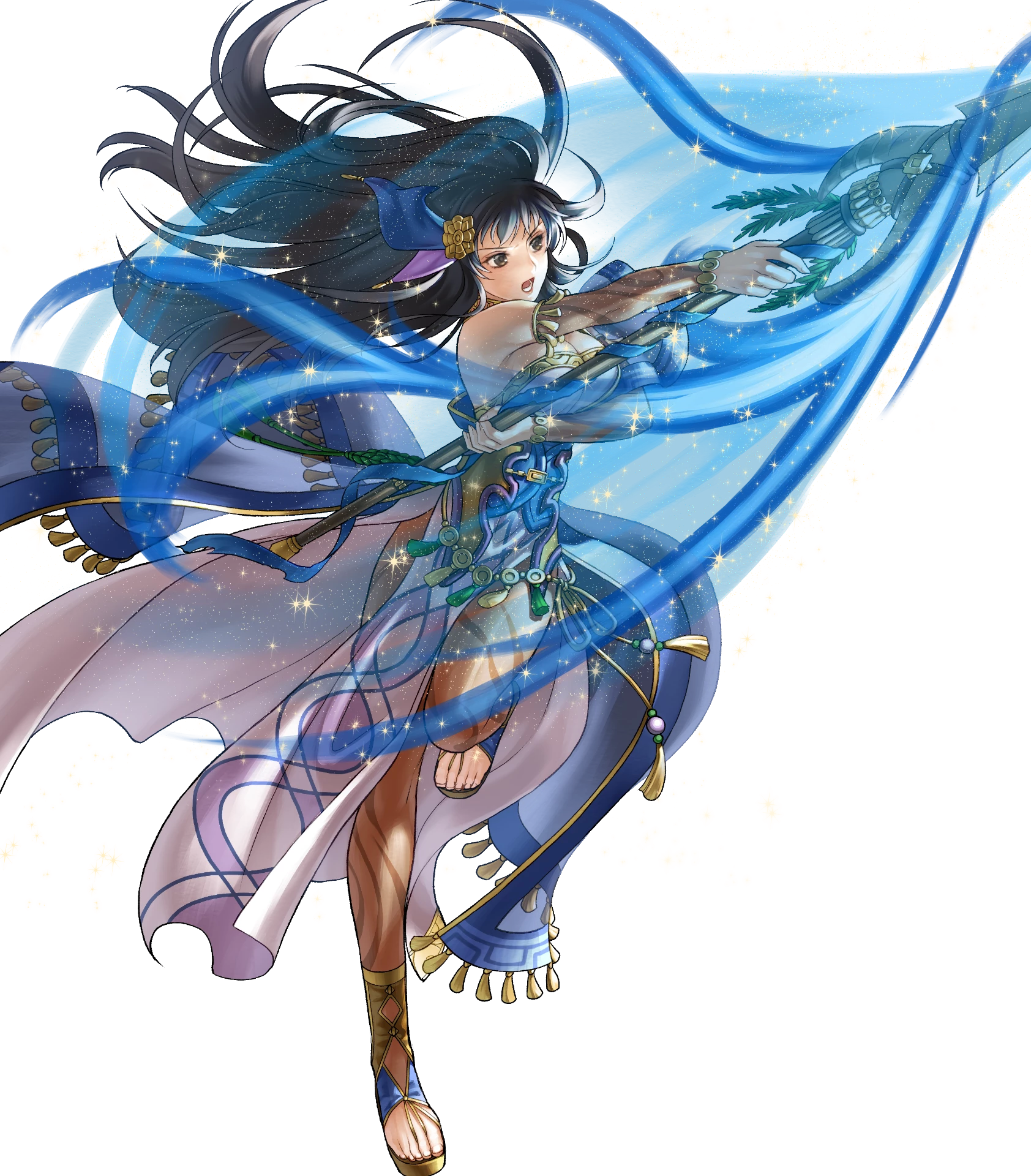 1girl bare_shoulders black_eyes black_hair breasts dress fire_emblem fire_emblem:_the_blazing_blade fire_emblem_heroes full_body gold_trim hair_ornament highres holding holding_weapon karla_(fire_emblem) karla_(hatari)_(fire_emblem) kita_senri loincloth long_hair medium_breasts nintendo non-web_source official_art pantyhose pelvic_curtain polearm short_sleeves spear strapless strapless_dress toeless_footwear toes transparent_background weapon wide_sleeves
