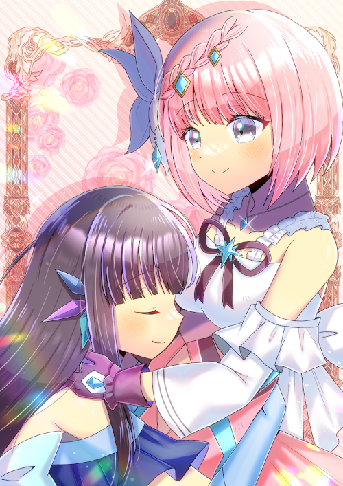 2girls bare_shoulders blue_reflection_(series) blue_reflection_maboroshi_ni_mau_shoujo_no_ken braid breasts brown_hair character_request closed_eyes closed_mouth commentary_request commission detached_sleeves floral_background flower gloves grey_eyes hair_flower hair_ornament kou_hiyoyo long_hair long_sleeves medium_breasts multiple_girls picture_frame pink_flower pink_hair pink_rose pink_skirt purple_gloves rose shirt short_hair skeb_commission skirt smile striped_background white_flower white_shirt white_sleeves wide_sleeves