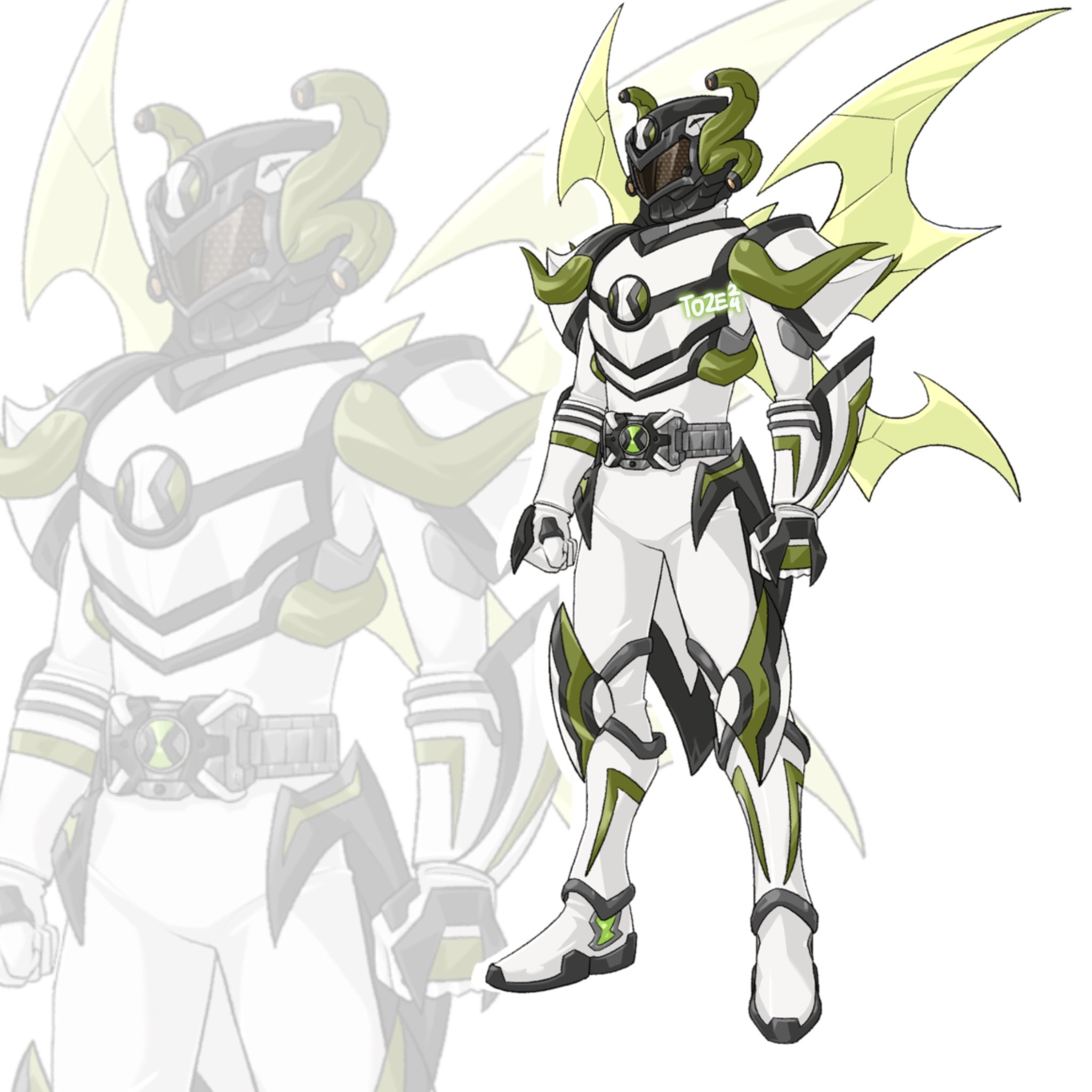 1boy alien alternate_design armor belt ben_10 ben_10:_alien_force ben_10:_omniverse ben_10:_ultimate_alien ben_tennyson bodysuit breastplate bug compound_eyes extra_eyes green_pupils helmet highres humanization insect_wings kamen_rider oversized_wings low_wings omnitrix rider_belt shoulder_armor solo spikes stinkfly to_ze tokusatsu white_bodysuit wings