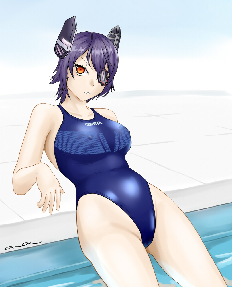 1girl anon. arena_(company) blue_one-piece_swimsuit breasts clothes_writing commentary_request commission competition_swimsuit covered_erect_nipples cowboy_shot eyepatch headgear kantai_collection large_breasts one-piece_swimsuit orange_eyes poolside purple_hair skeb_commission solo swimsuit tenryuu_(kancolle) two-tone_swimsuit water