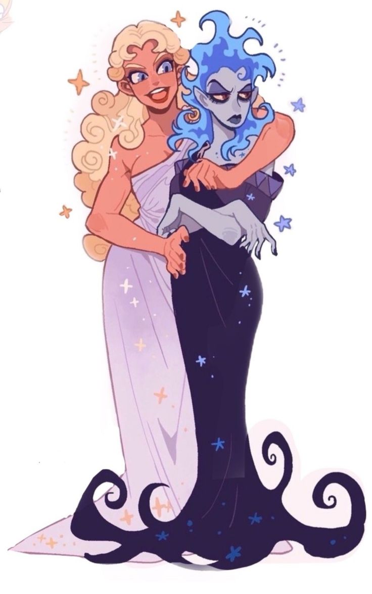 2girls blonde_hair blue_hair colored_skin commentary dress eyeshadow fiery_hair fire genderswap hades_(disney) hair_between_eyes hercules_(1997_film) juanmao long_hair makeup multiple_girls non-web_source short_hair simple_background very_long_hair yellow_eyes zeus_(disney)