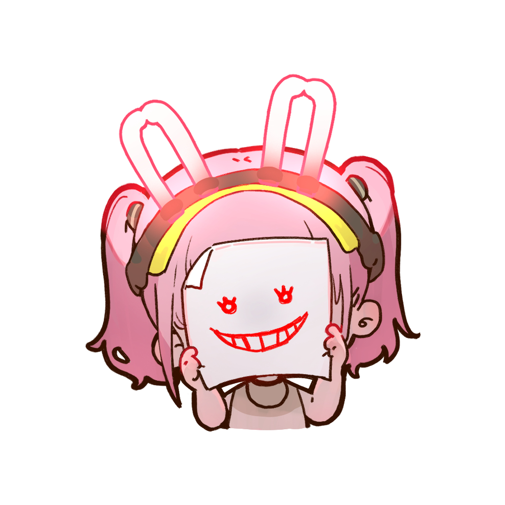 1girl artist_request chibi chibi_only chinese_commentary covered_face drawn_smile girls&#039;_frontline girls&#039;_frontline_neural_cloud glowstick holding holding_paper official_art paper pink_hair second-party_source solo taisch_(neural_cloud) visor_cap
