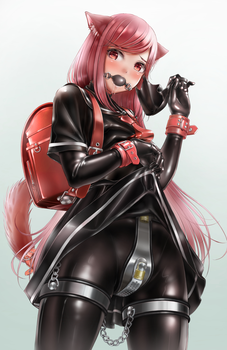 1girl ameya animal_ear_fluff animal_ears backpack bag ball_gag bdsm black_bodysuit bodysuit cat_ears cat_tail chain chastity_belt clothes_lift commentary_request commission drooling gag gagged gradient_background highres key latex latex_bodysuit latex_serafuku latex_shirt latex_skirt lock long_hair looking_at_viewer mask mouth_mask original padlock pixiv_commission red_eyes red_hair school_uniform serafuku shiny_clothes skin_tight skirt skirt_lift solo tail very_long_hair wrist_cuffs
