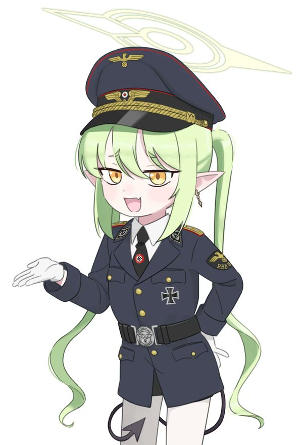 1girl black_cat03 blue_archive green_hair halo hat long_hair military_uniform nazi nozomi_(blue_archive) pointy_ears simple_background solo twintails white_background yellow_eyes