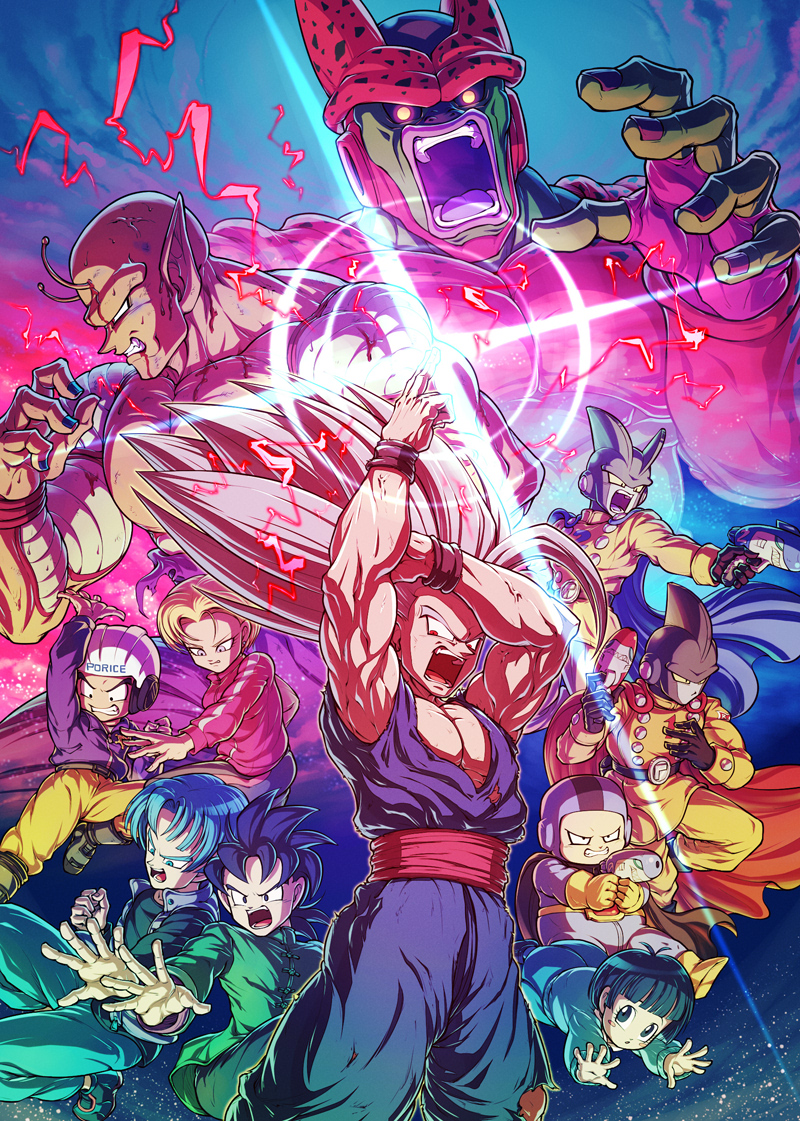2girls 6+boys :o android_18 angry antennae arms_up battle_damage belt biceps black_belt black_cape black_eyes black_gloves black_hair black_nails black_shirt blonde_hair blood blood_from_mouth blue_cape blue_eyes blue_footwear blue_hair blue_pants blunt_bangs bodysuit boots bruise buttons cape cell_(dragon_ball) cell_max clenched_hand clenched_teeth closed_mouth colored_skin colored_tongue commentary_request double-breasted dougi dr._hedo dragon_ball dragon_ball_super dragon_ball_super_super_hero earrings electricity energy energy_gun eyelashes fingernails forehead gamma_1 gamma_2 gloves glowing glowing_eyes gohan_beast green_jacket green_pants grey_footwear grey_hair grey_skin gun hand_up hands_up helmet holding holding_gun holding_weapon injury jacket jewelry koukyouji kuririn large_pectorals long_sleeves looking_at_viewer multiple_boys multiple_girls muscular muscular_male namekian open_clothes open_jacket open_mouth orange_piccolo orange_skin outstretched_arm pan_(dragon_ball) pants parted_bangs parted_lips pectorals piccolo pink_jacket pointy_ears profile purple_bodysuit purple_jacket purple_tongue ray_gun red_cape red_eyes red_sash round_teeth sash scratches serious shirt shoes short_hair son_gohan son_goten spiked_hair teeth tongue torn_clothes trunks_(dragon_ball) v-shaped_eyebrows veins weapon white_headwear wristband yellow_boots yellow_gloves yellow_jacket yellow_pants