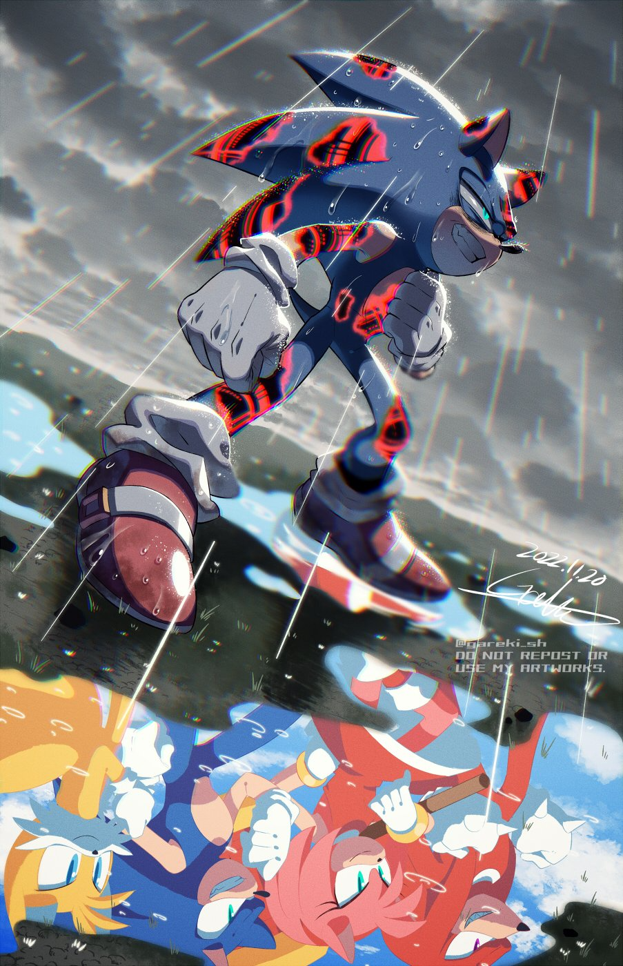 amy_rose blonde_hair blue_eyes blue_fur blue_hair cybernetic fox gareki_sh gloves green_eyes grin highres in_pain injury knuckles_the_echidna pain pink_fur pink_hair possessed purple_eyes rain red_fur red_hair sega shoes smile socks sonic_(series) sonic_frontiers sonic_the_hedgehog spiked_hair tails_(sonic) yellow_fur