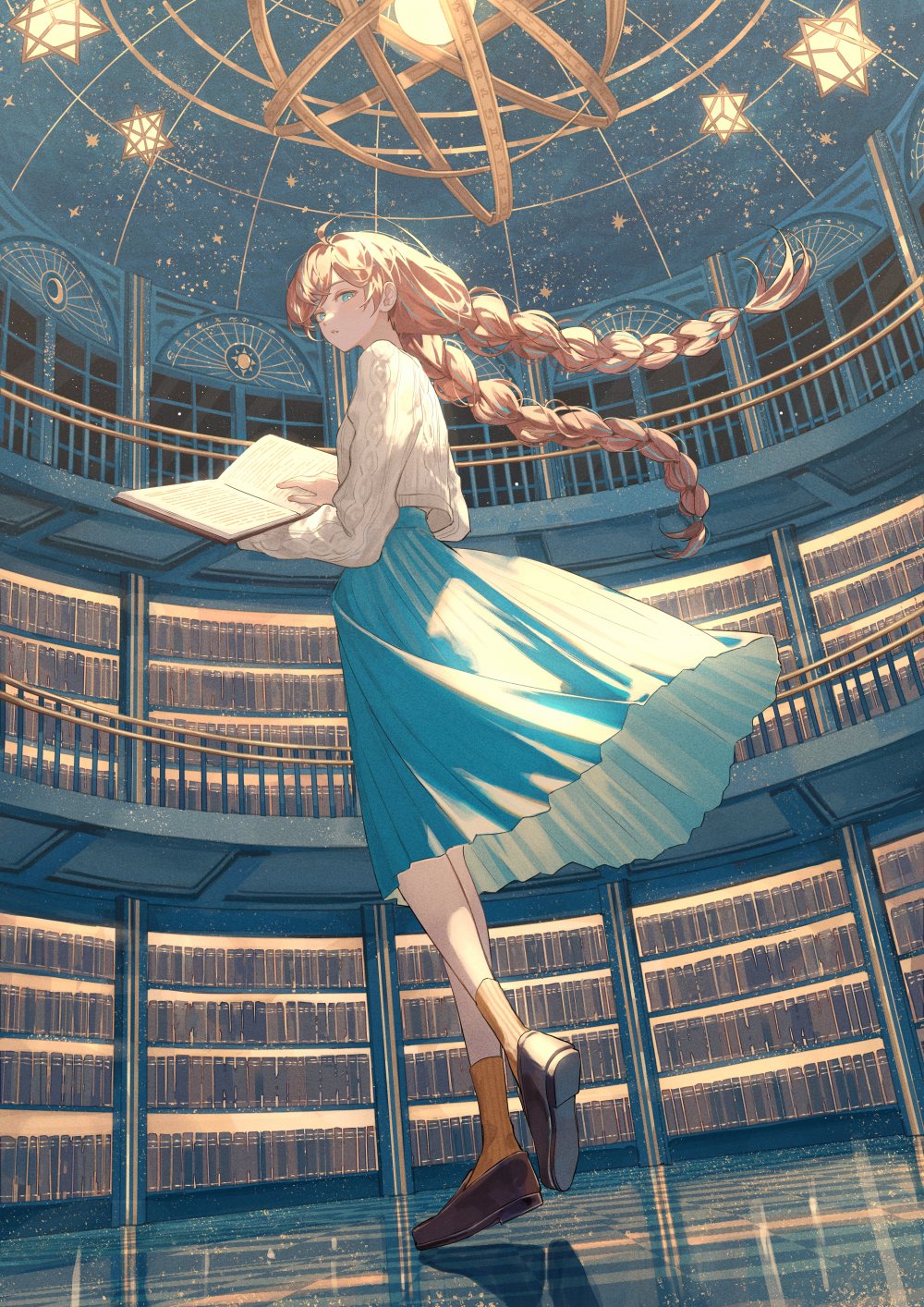 1girl aran_sweater armillary_sphere balcony blonde_hair blue_eyes blue_skirt book bookshelf braid bright_pupils brown_shoes cable_knit checkered_floor dome floating_hair from_below from_side full_body highres holding holding_book loafers long_hair looking_at_viewer looking_to_the_side night open_book orange_socks original parted_lips perspective pleated_skirt shoes skirt sky skylight socks solo standing star_(sky) starry_sky stellated_octahedron sweater tiptoes twin_braids ugonba_(howatoro) white_pupils white_sweater window