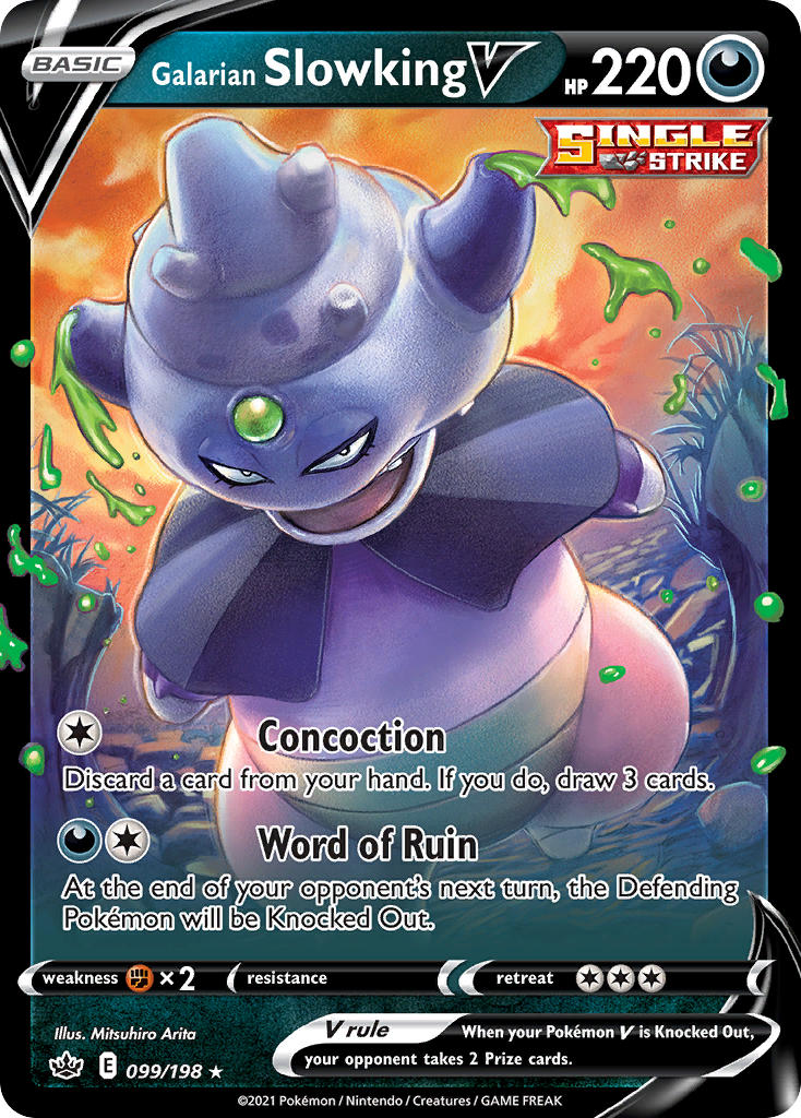 arita_mitsuhiro artist_name card_(medium) character_name cloud company_name copyright_name copyright_notice english_text forehead_jewel galarian_slowking grass nintendo no_humans official_art open_mouth orange_sky outdoors poison pokemon pokemon_(creature) pokemon_card pokemon_focus pokemon_tcg sky solo standing teeth third-party_source trading_card