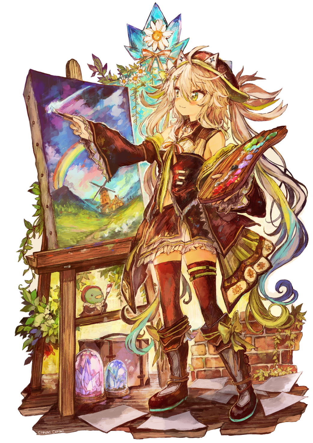 1girl ahoge artist_name beret bird blue_hair blush boots bow breasts camomi camomi_camomi canvas_(object) character_name crystal detached_sleeves flower footwear_bow green_eyes green_hair hair_between_eyes hair_ornament hairclip hat highres holding holding_brush indie_virtual_youtuber long_hair mountain multicolored_hair painting_(action) paint_palette paper plant rainbow shirt skirt smile streaked_hair thighhighs twintails virtual_youtuber white_background white_hair wide_sleeves windmill wooden_floor