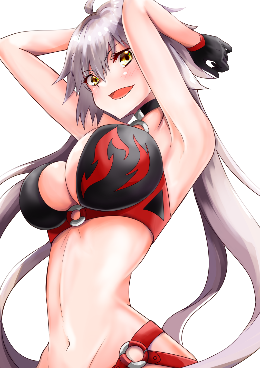 1girl ahoge armpits arms_behind_head arms_up bikini black_bikini black_gloves breasts collar fate/grand_order fate_(series) gloves hair_between_eyes highres jeanne_d&#039;arc_alter_(fate) jeanne_d&#039;arc_alter_(swimsuit_berserker)_(fate) large_breasts looking_at_viewer o-ring o-ring_bikini o-ring_bottom o-ring_top open_mouth smile solo stomach swimsuit white_background white_hair yellow_eyes yuusaku_(nekorakuda)