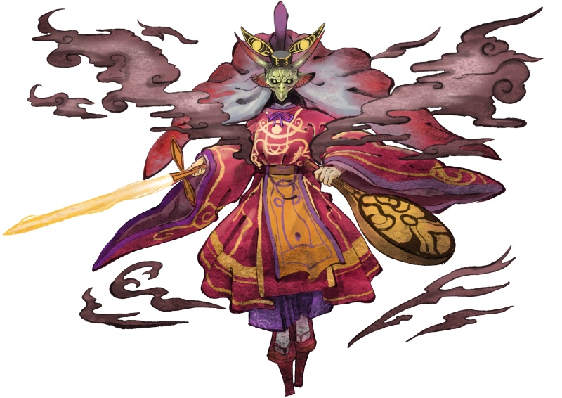 1boy capcom geta glowing glowing_sword glowing_weapon horns instrument japanese_clothes male_focus mask official_art onimusha_soul ookami_(game) ookamiden smoke solo sugawara_michizane sword weapon