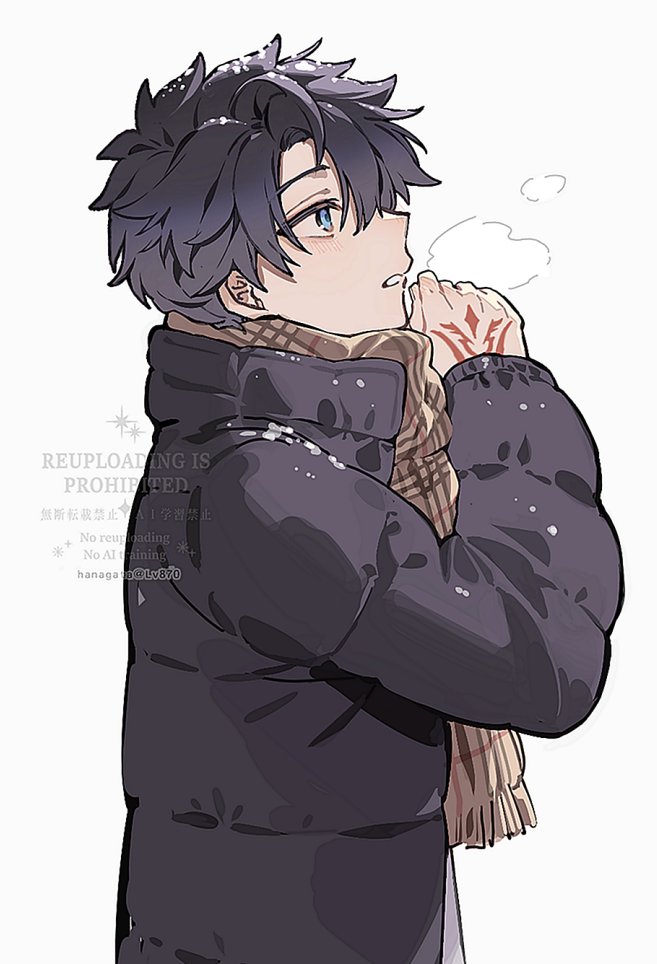 1boy alternate_costume black_hair black_jacket blue_eyes breath brown_scarf cold command_spell facing_to_the_side fate/grand_order fate_(series) fujimaru_ritsuka_(male) fujimaru_ritsuka_(male)_(winter_casual) hanagata jacket male_focus plaid_clothes plaid_scarf scarf short_hair solo upper_body winter_clothes