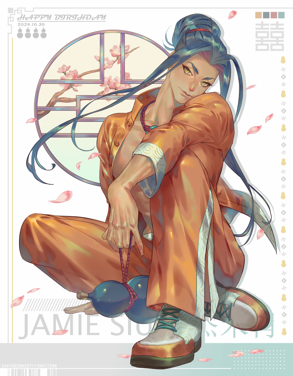 1boy abs alternate_hairstyle arm_on_knee blue_hair branch character_name cherry_blossoms closed_mouth collared_jacket commentary_request dark-skinned_male dark_blue_hair dark_skin eyeliner falling_petals gourd hair_bun hair_tie happy_birthday head_tilt highres holding holding_gourd jacket jamie_siu jewelry knee_up long_hair looking_at_viewer makeup male_focus necklace open_clothes open_jacket pants petals popped_collar red_eyeliner red_rope rope round_window single_hair_bun sitting solo street_fighter street_fighter_6 striped_clothes striped_pants talgi very_long_hair white_trim window yellow_eyes yellow_jacket yellow_pants