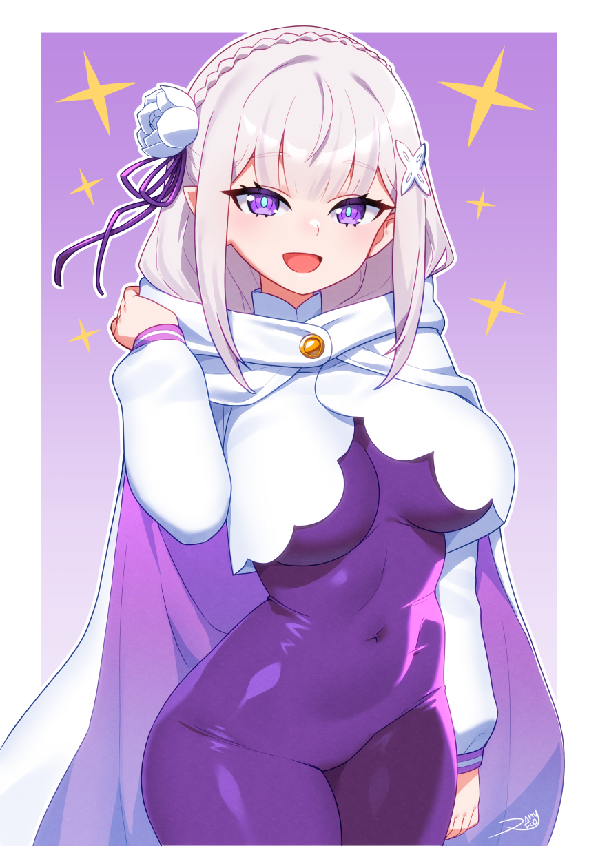1girl blush braid breasts cloak covered_navel demonfoo_(akumafoo) emilia_(re:zero) flower grey_hair hair_flower hair_ornament hair_ribbon highres hood hooded_cloak large_breasts leotard long_hair looking_at_viewer pointy_ears purple_eyes purple_leotard re:zero_kara_hajimeru_isekai_seikatsu ribbon solo white_cloak white_flower white_hair x_hair_ornament