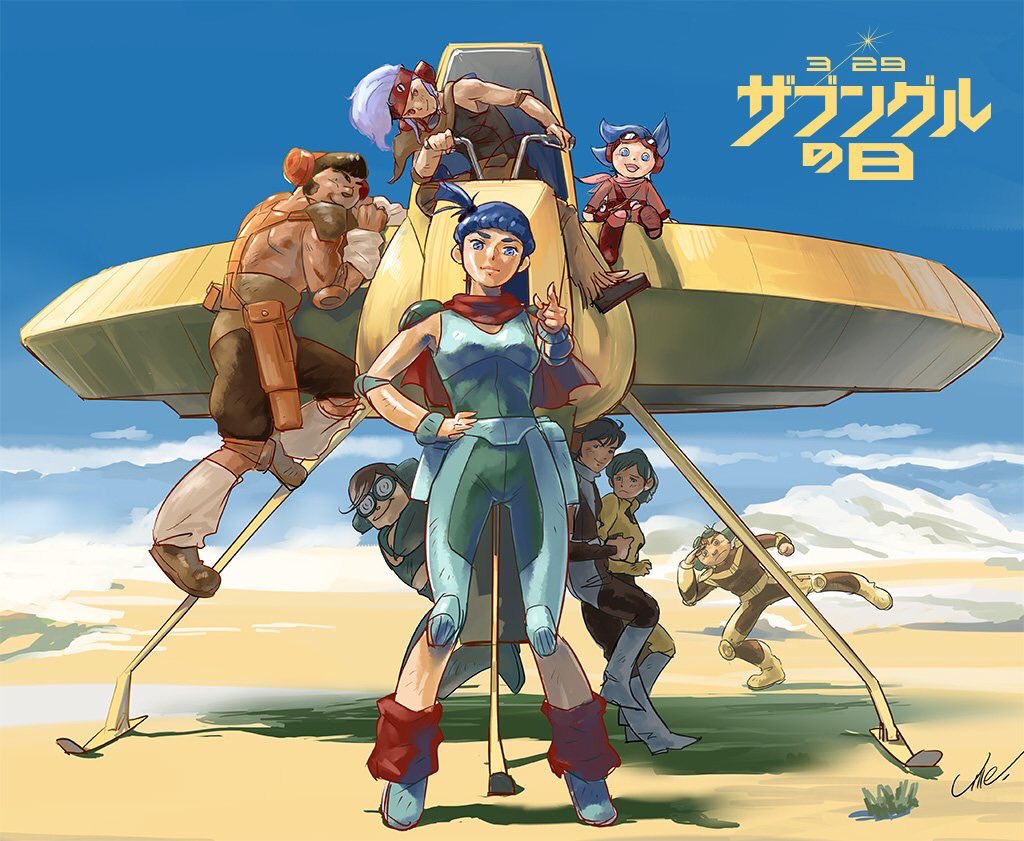 blue_eyes blue_hair blume breasts brown_hair character_request chill closed_mouth cloud desert goggles jiron_amos long_hair looking_at_viewer medium_hair multiple_boys open_mouth rag_uralo retro_artstyle sentou_mecha_xabungle short_hair smile umeno_ryuuji