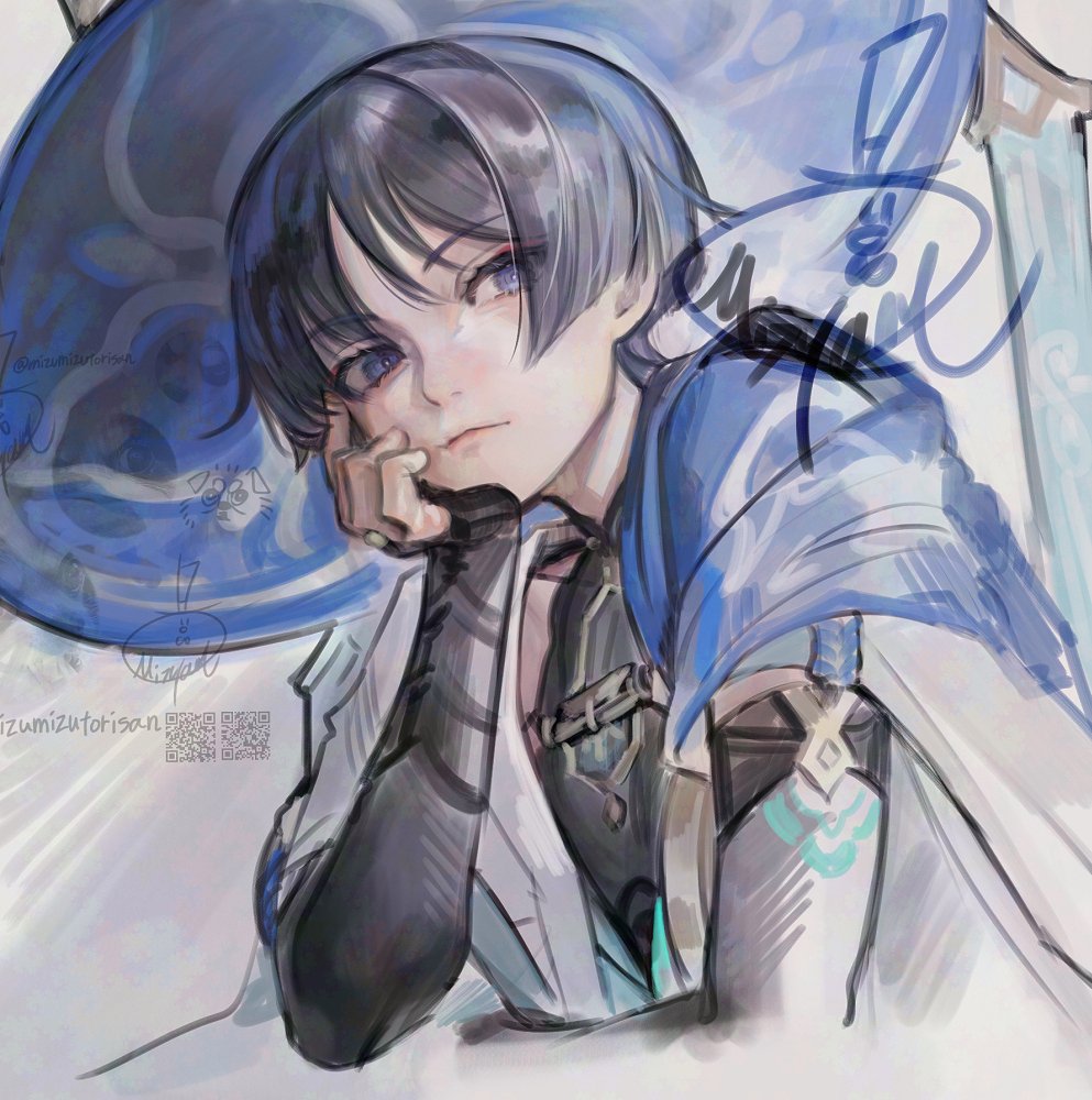 1boy arm_rest armor artist_name black_bodysuit black_bridal_gauntlets black_hair blue_hat blue_kimono blue_sleeves blunt_ends bodysuit bridal_gauntlets bright_pupils closed_mouth covered_collarbone cropped_torso elbow_rest eyelashes eyeliner eyeshadow genshin_impact gold_ring hand_on_own_face hand_up hat head_rest japanese_armor japanese_clothes jingasa juban kimono kote kurokote layered_sleeves looking_to_the_side makeup male_focus middle_ring mizutame_tori open_clothes open_kimono purple_eyes qr_code red_eyeliner red_eyeshadow red_lips scaramouche_(genshin_impact) short_sleeves shoulder_peek signature sketch solo three_quarter_view twitter_username upper_body wanderer_(genshin_impact) white_kimono white_pupils white_sleeves wispy_bangs