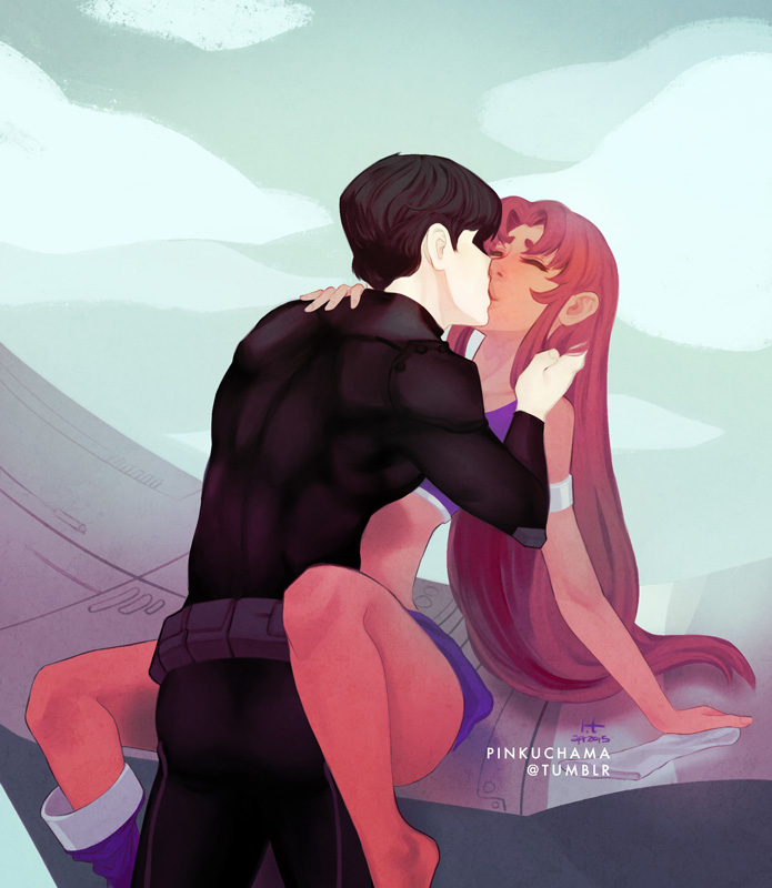 1boy 1girl armlet back bodysuit boots colored_skin couple dc_comics dick_grayson domino_mask hetero jewelry kiss long_hair mask nightwing orange_hair orange_skin pink_theme sitting starfire teen_titans toned undressing very_long_hair