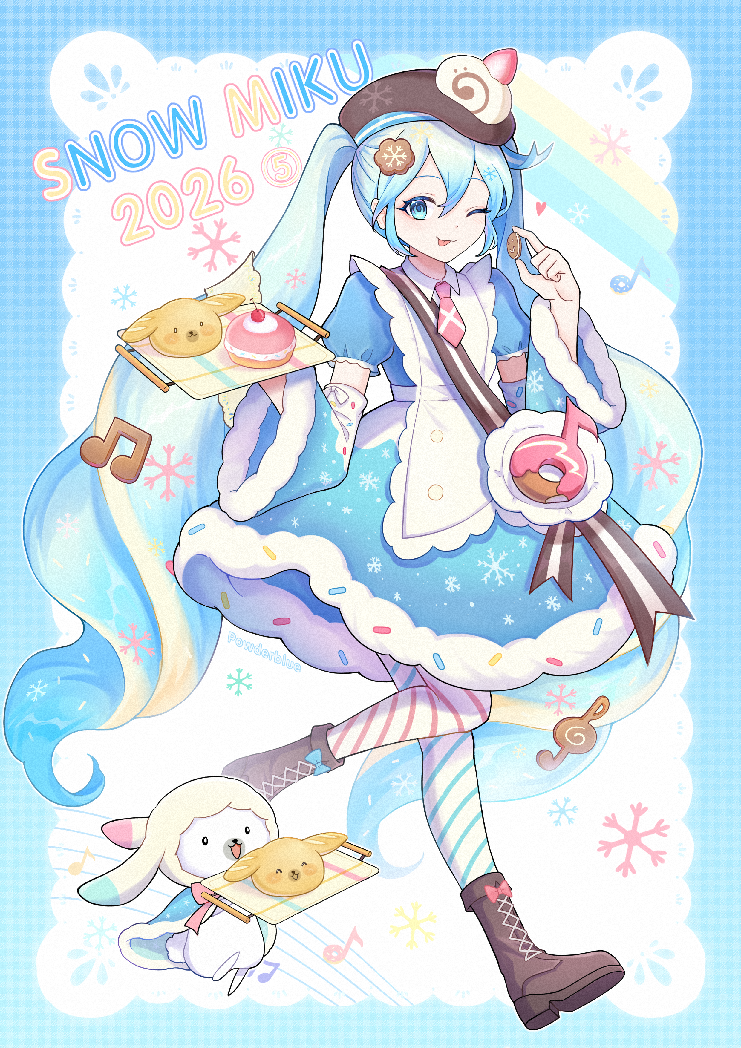 1girl :3 :p absurdres apron artist_name asymmetrical_legwear bag beret blue_dress blue_eyes boots bow bread brown_boots brown_hat buttons cape cherry commentary cookie cookie_hair_ornament detached_sleeves diagonal-striped_legwear dress english_text food food-themed_hair_ornament food-themed_hat_ornament footwear_bow fruit full_body fur-trimmed_cape fur_trim hair_between_eyes hair_ornament hands_up hat hat_ornament hat_ribbon hatsune_miku highres holding holding_cookie holding_food holding_tray lace lace-up_boots long_hair mismatched_legwear multicolored_hair musical_note musical_staff necktie pantyhose pastry plaid_background powderblue_lan puffy_short_sleeves puffy_sleeves rabbit rabbit_yukine ribbon short_necktie short_sleeves snowflake_print snowflakes solo sprinkles streaked_hair striped_clothes striped_pantyhose tongue tongue_out tray twintails very_long_hair vocaloid walking white_apron wide_sleeves yuki_miku yuki_miku_(2026)_(candidate_no.5)