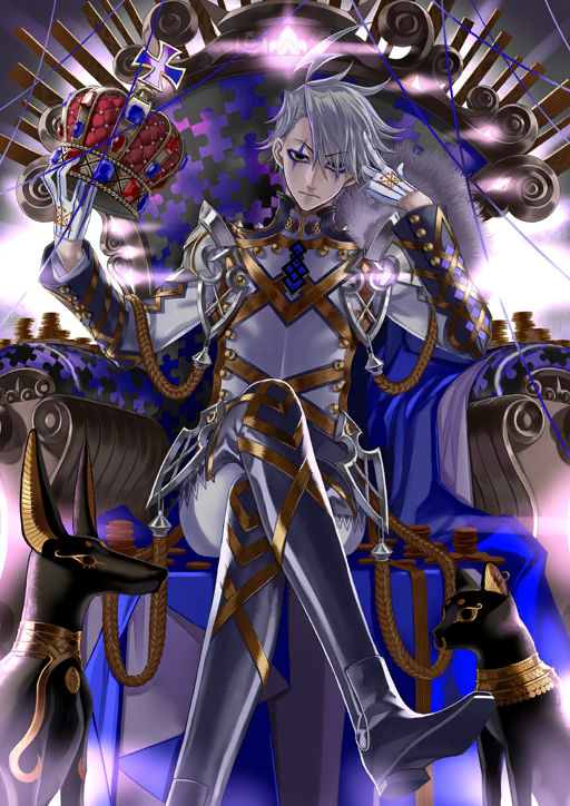 1boy ahoge aiguillette armor black_eyes blue_cape boots cape closed_mouth coin crossed_legs crown elbow_rest expressionless fate/grand_order fate_(series) foot_out_of_frame fur-trimmed_cape fur_trim game_cg gloves glowing gold gold_coin grey_boots grey_hair half_gloves hand_in_own_hair hand_on_own_head hands_up head_rest head_tilt high_collar holding holding_crown honjou_raita jacket james_moriarty_(ruler)_(fate) layered_sleeves lightning_ahoge long_sleeves looking_at_viewer makeup male_focus official_art pants puzzle_piece_print red_crown short_hair sitting sitting_on_throne solo statue straight-on string swept_bangs tailcoat thigh_boots third-party_source throne unworn_crown white_gloves white_jacket white_pants