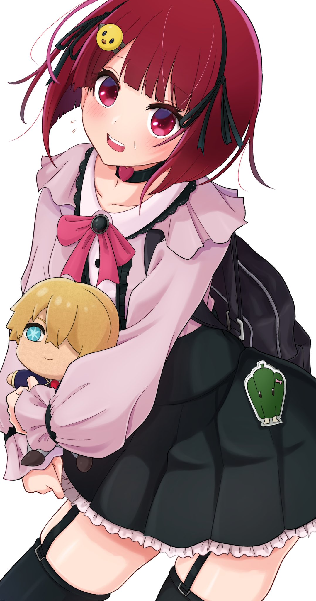1girl arima_kana black_bag black_choker black_garter_straps black_hairband black_skirt black_thighhighs blunt_bangs blunt_ends bow bowtie character_doll choker collarbone commentary_request cowboy_shot doll frilled_shirt frilled_skirt frills garter_straps hair_ornament hairband highres holding holding_doll hoshino_aquamarine jirai_kei looking_at_viewer omio open_mouth oshi_no_ko pink_bow pink_bowtie pink_shirt red_eyes red_hair shirt short_hair simple_background skirt solo teeth thighhighs upper_teeth_only white_background