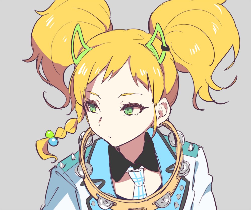 1girl aikatsu!_(series) aikatsu_stars! bad_id bad_twitter_id blonde_hair blue_jacket blue_necktie braid closed_mouth detached_collar green_eyes grey_background hair_bobbles hair_ornament instrument jacket long_hair looking_to_the_side necktie nikaido_yuzu shiontaso side_braid simple_background solo tambourine twintails upper_body