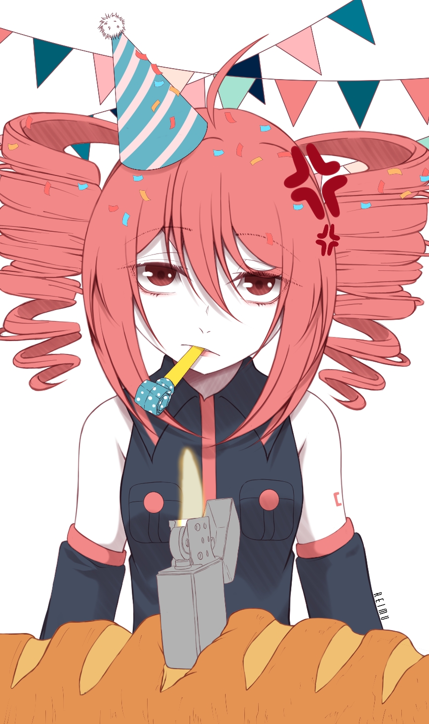 1girl anger_vein angry annoyed baguette bare_shoulders birthday birthday_cake black_shirt bread cake commentary_request completely_unamused detached_sleeves drill_hair food frown hat highres jojo_reference kasane_teto kasane_teto_(utau) lighter long_hair looking_at_viewer medium_hair party_hat party_horn red_eyes red_hair shirt shrinesmaiden simple_background solo trolling twin_drills unamused utau