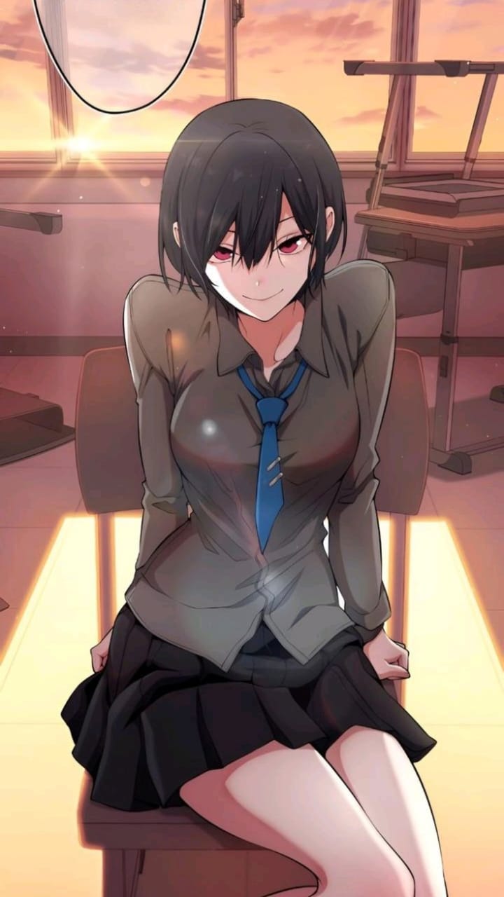 1girl black_hair black_skirt blush brown_shirt collarbone female_focus grey_background happy highres looking_at_viewer red_eyes shirt short_hair skirt smile smiley_face suna_byul webtoon_character_na_kang_lim