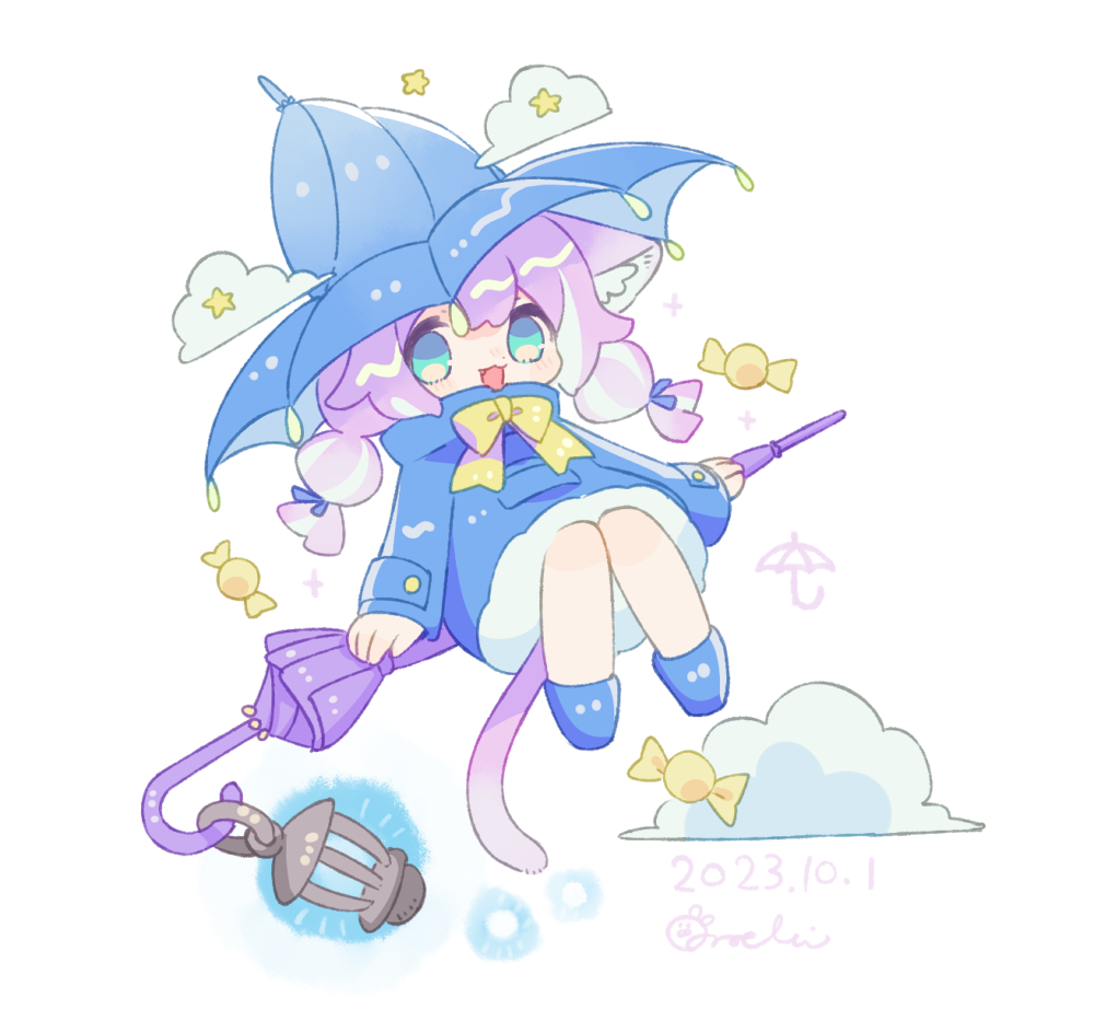 1girl :3 :d animal_ear_fluff animal_ears blue_boots blue_hat blue_raincoat blush boots bow bowtie candy cat_ears cat_girl cat_tail cloud commentary dated food full_body hat lantern long_sleeves looking_at_viewer medium_hair on_umbrella open_mouth original purple_hair purple_umbrella raincoat rubber_boots signature simple_background sitting smile solo sorata123 symbol-only_commentary tail umbrella white_background yellow_bow yellow_bowtie