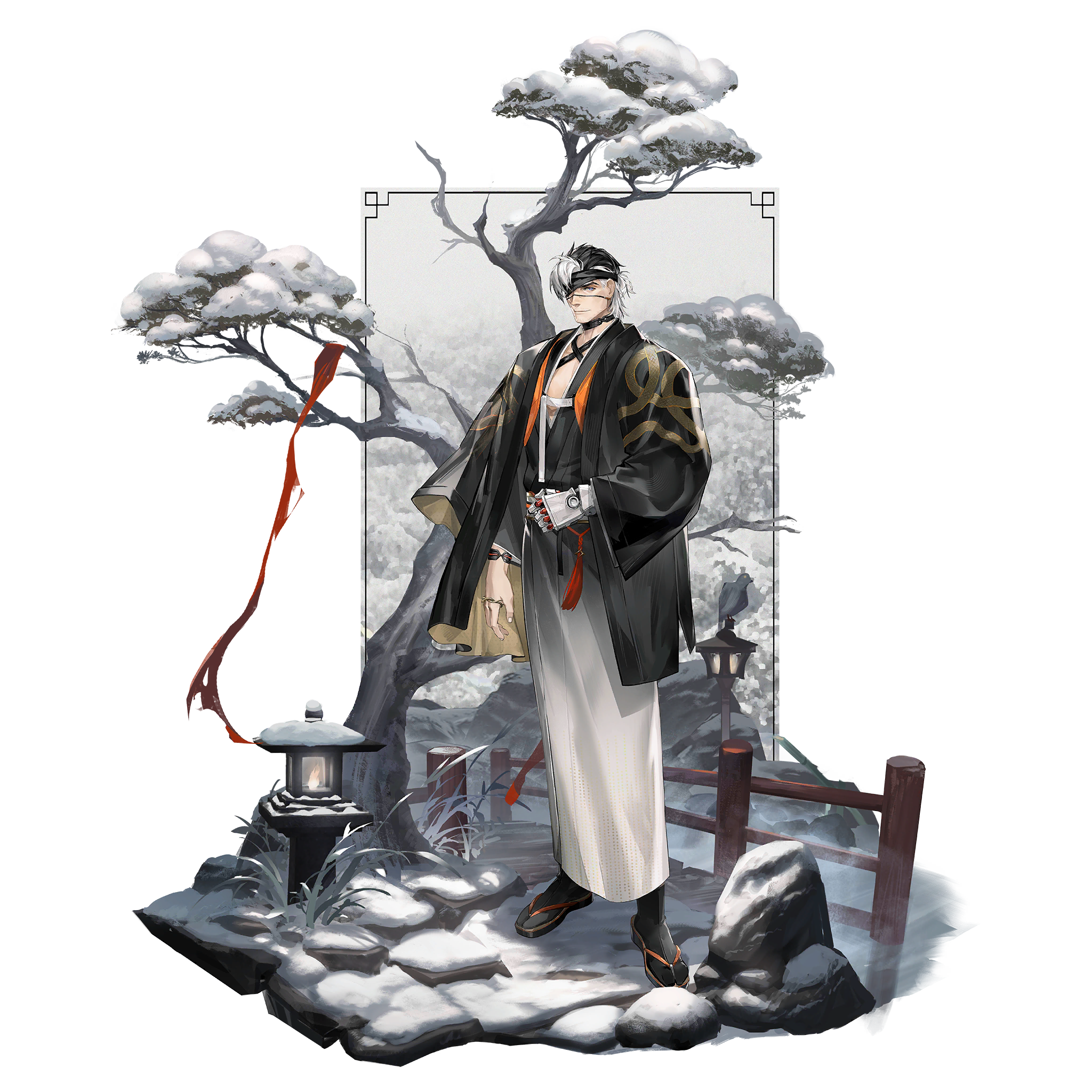 1boy artist_request black_hair blue_eyes chinese_commentary eyepatch facial_hair faux_figurine game_cg girls'_frontline girls'_frontline_neural_cloud headband highres japanese_clothes male_focus mature_male mechanical_arms muscular muscular_male official_alternate_costume official_art python_(neural_cloud) sandals scar scar_on_face scar_on_nose single_mechanical_arm snow solo stone_lantern stubble tabi third-party_source tree white_hair winter zouri