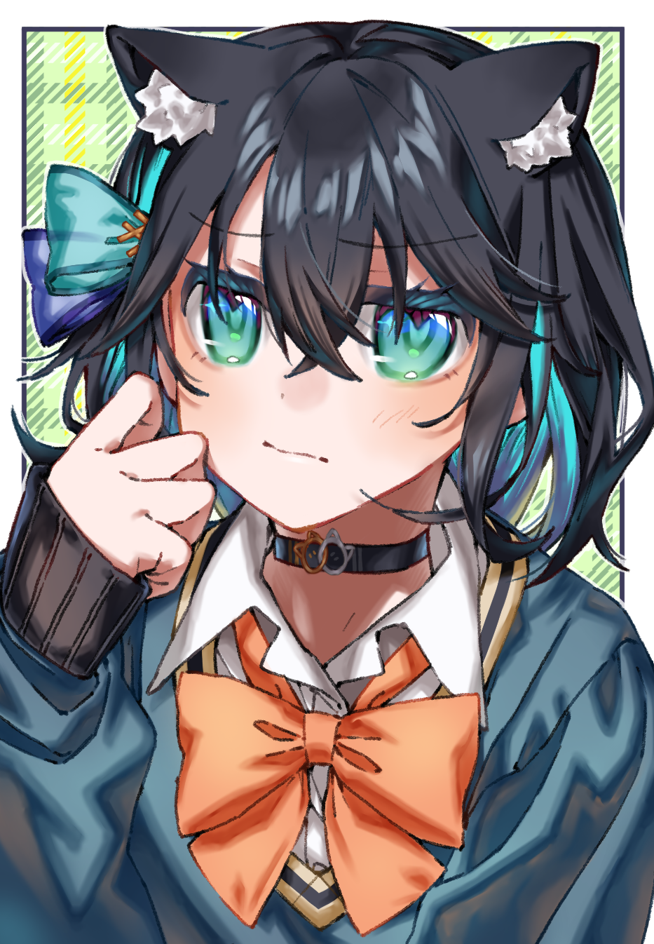 1girl animal_ear_fluff animal_ears black_hair blue_hair border bow bowtie cat_choker cat_ears cat_girl choker closed_mouth colored_inner_hair green_background hair_between_eyes hand_up highres kemonomimi_mode long_sleeves loose_bowtie medium_hair miyamai_moca multicolored_hair orange_bow orange_bowtie outside_border pinching_sleeves plaid_background sleeves_past_wrists solo sweater tere_douga upper_body voicepeak white_border