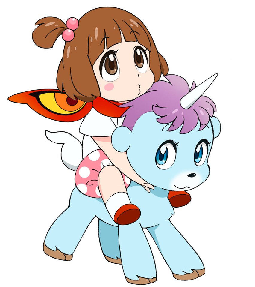 10s 1girl aged_down brown_eyes brown_hair child crossover hair_bobbles hair_ornament kill_la_kill mako_(macomaco7) mankanshoku_mako o3o riding scarf senketsu senketsu_(scarf) short_hair side_ponytail sitting unico unico_(character) unicorn white_background