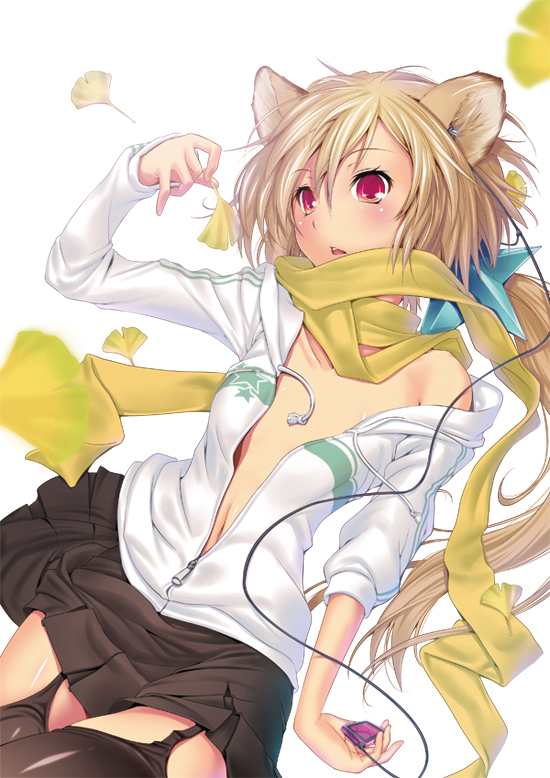 1girl animal_ears ann_(nilitsu) bare_shoulders black_thighhighs blonde_hair blush cat_ears digital_media_player earphones female_focus flat_chest ginkgo_tree hair_ornament hood hoodie ipod jacket long_hair nilitsu no_bra off_shoulder open_clothes original ponytail red_eyes scarf simple_background skirt solo star_(symbol) star_hair_ornament thighhighs white_background yellow_scarf zettai_ryouiki
