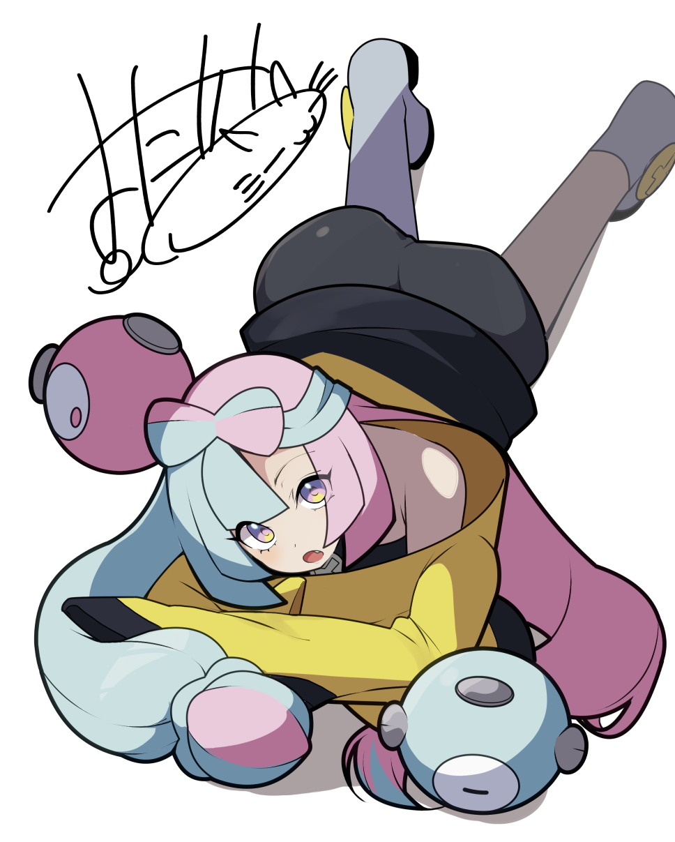 bow-shaped_hair character_hair_ornament fake_hair_bun grey_pantyhose hair_ornament hexagon_print highres iono_(pokemon) jacket long_hair low-tied_long_hair mituyota_76 multicolored_hair nintendo oversized_clothes pantyhose pokemon pokemon_sv sharp_teeth single_leg_pantyhose sleeves_past_fingers sleeves_past_wrists split-color_hair teeth two-tone_hair very_long_sleeves x yellow_jacket