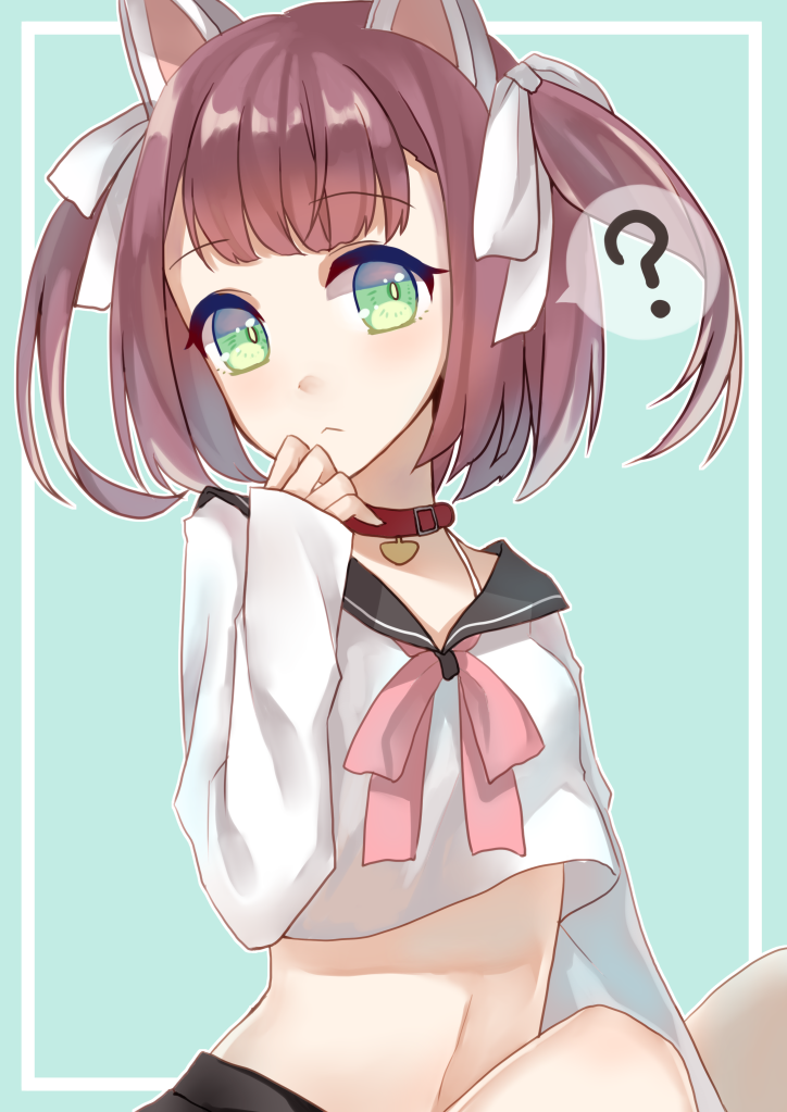 1girl :&lt; ? animal_ears azur_lane black_skirt blunt_bangs bow brown_hair choker commentary_request green_eyes hair_bow hair_ribbon long_sleeves looking_at_viewer midriff navel ougi_(u_to4410) pleated_skirt ribbon school_uniform serafuku shiratsuyu_(azur_lane) short_hair sidelocks simple_background skirt solo spoken_question_mark two_side_up wolf_ears
