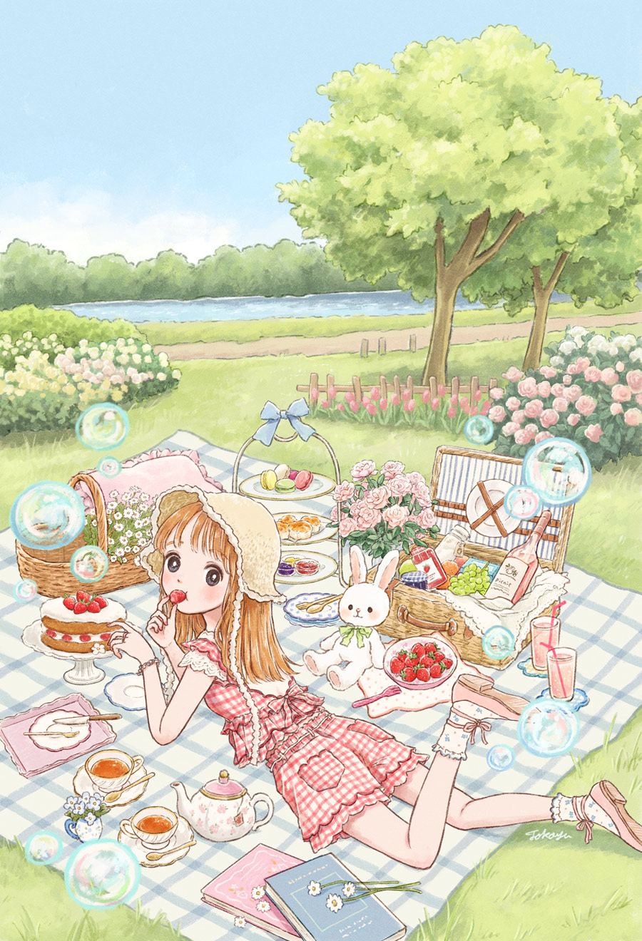 1girl artist_name basket biscuit_(bread) black_eyes blanket blue_bow blue_flower blue_sky blush book bow bowl bright_pupils brown_hair brown_headwear bubble bush cake cake_stand choppy_bangs cloud commentary_request cup day drinking_straw fence fingernails flower food foot_up fork frilled_pillow frills fruit gingham gingham_shirt grapes grass headwear_request highres holding holding_food jam jar jewelry knife long_hair looking_at_viewer looking_back lying macaron mug nail_polish on_stomach orange_(fruit) original outdoors path picnic pillow pink_flower pink_nails pink_pillow pink_rose pink_shirt pink_shoes pink_shorts plate pocket ring road rose saucer shirt shoes short_sleeves shorts signature sky socks solo spoon strawberry strawberry_shortcake stuffed_animal stuffed_rabbit stuffed_toy tareme tea teacup teapot teaspoon tiered_tray tokoyu tray tree vase water white_flower white_pupils white_shirt white_shorts white_socks wooden_fence yellow_flower