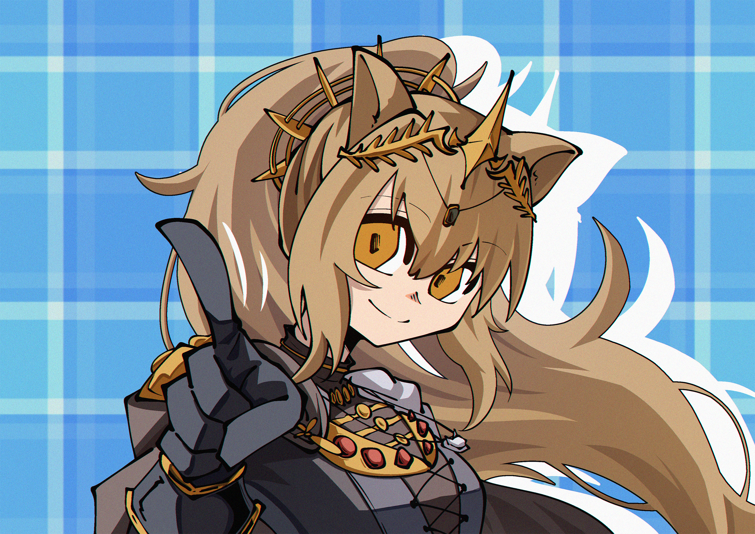 1girl animal_ears arknights artoria_pendragon_(fate) cape carnival_phantasm crown dryegen hair_ornament highres hood hooded_coat jewelry kawasumi_ayako light_brown_hair lion_ears lion_girl long_hair necklace orange_eyes pointing ponytail saber_(fate) scene_reference siege_(arknights) smile solo super_affection vina_victoria_(arknights) voice_actor_connection